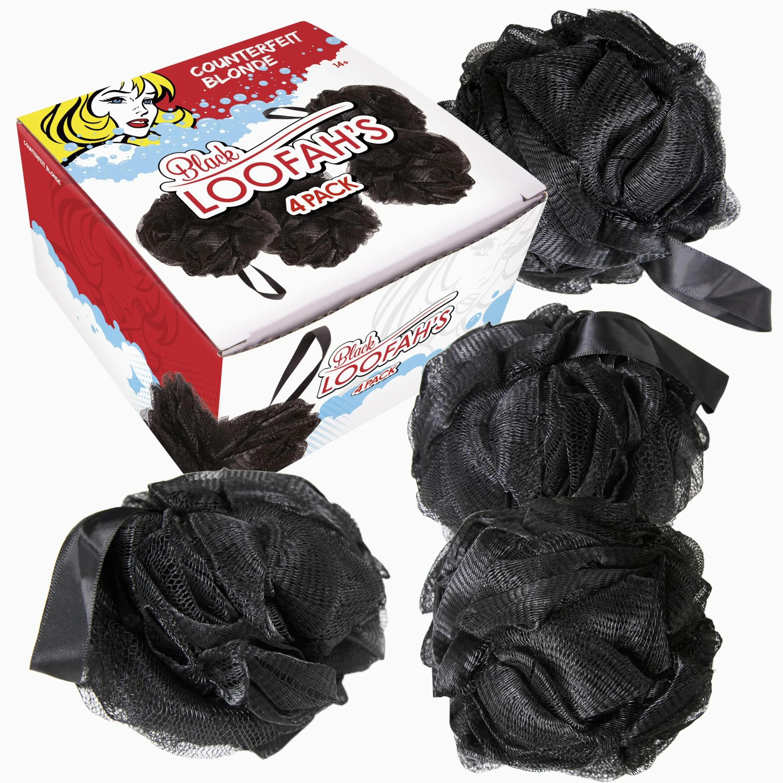 Black Loofah Gąbki pod prysznic I (4-pak) Płuczki do ciała do użytku pod prysznicem I gąbki do kąpieli do szorowania pod prysznic do ciała I Loofah złuszczająca szczotka do ciała akcesoria prysznicowe