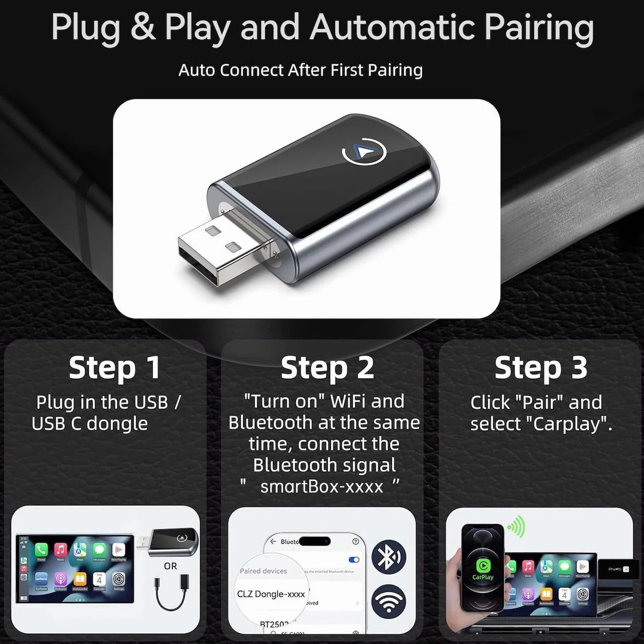 CarPlay bezprzewodowy klucz sprzętowy,szybka reakcja, szybkość transferu 5,0 GHz, automatyczne połączenie, asystent głosowy, plug-and-play,kompatybilny z aktualizacją OTA
