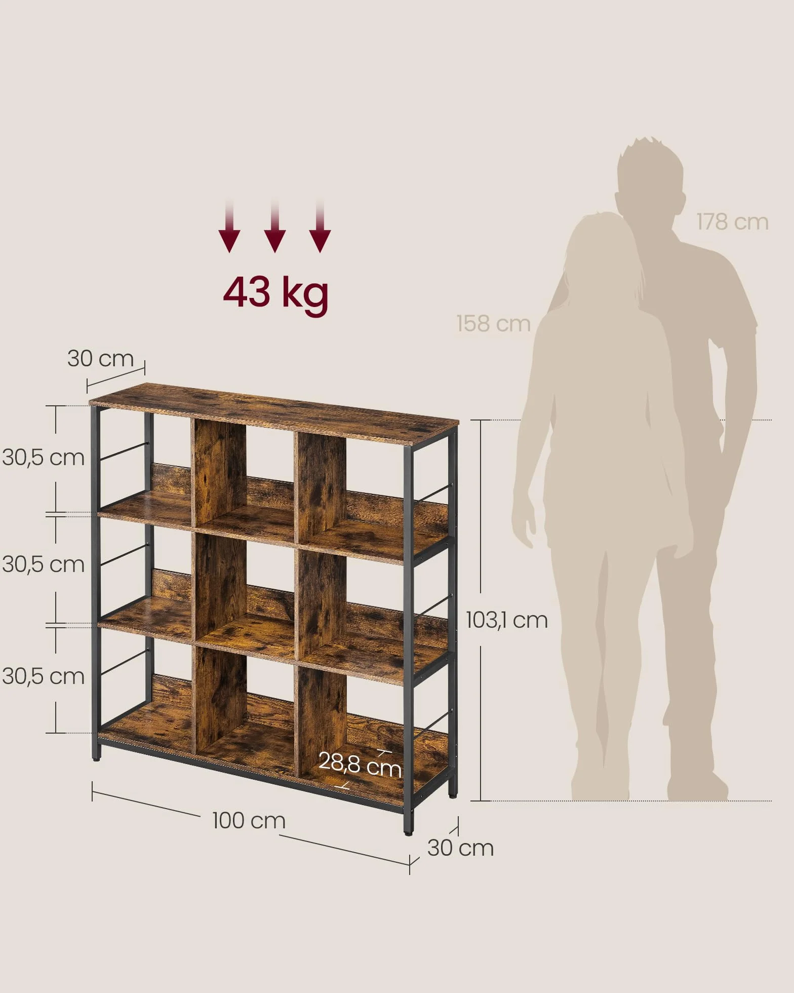 VASAGLE 3-poziomowy regał na książki 9 przegródek 100 x 30 x 103,1 cm rustykalny brązowy i czarny
