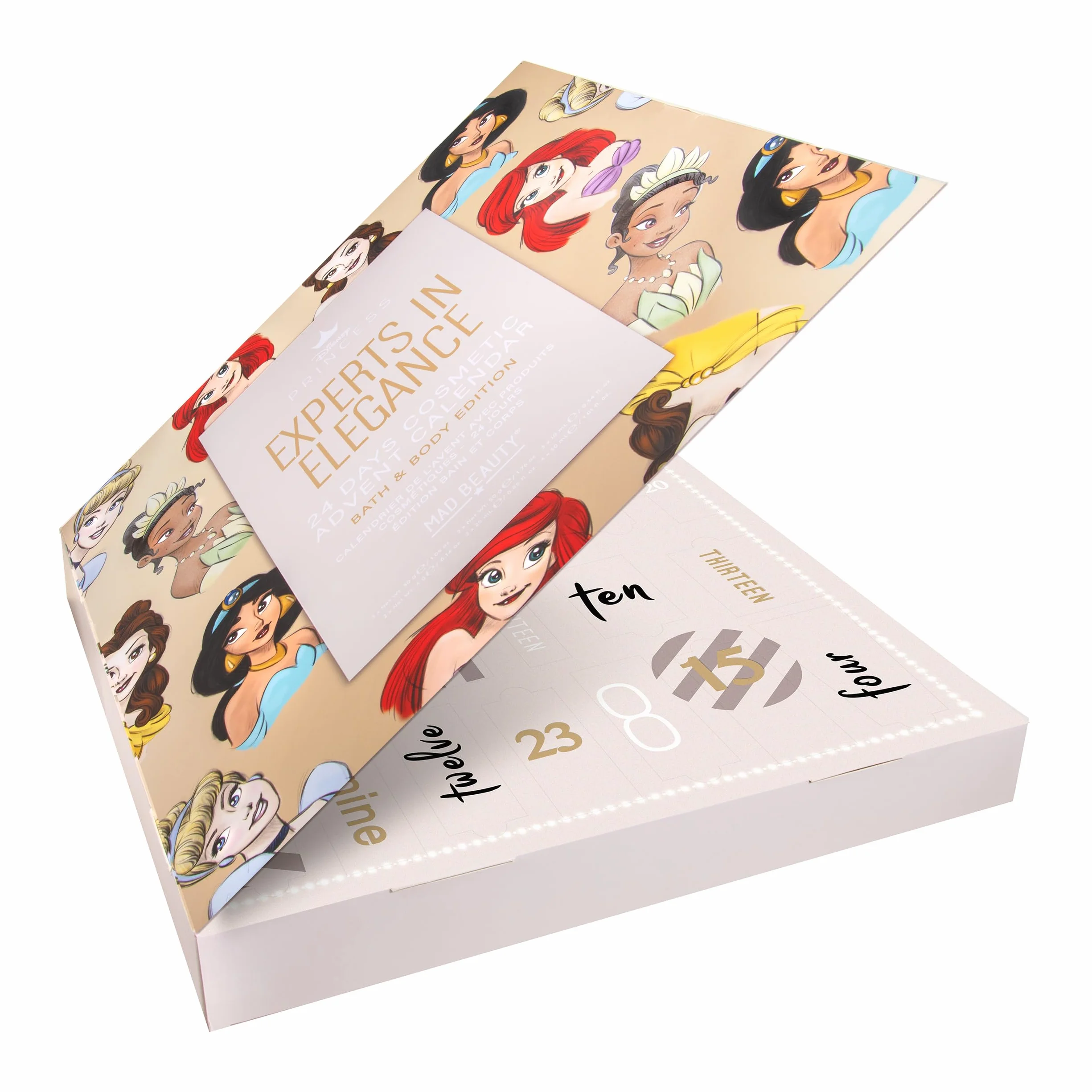 MAD Beauty Kalendarz adwentowy Disney Princess z 24 produktami do makijażu i kosmetyków, wellness, kalendarz adwentowy księżniczki dla kobiet, z maską na twarz, balsamem do ciała, gumką do włosów –
