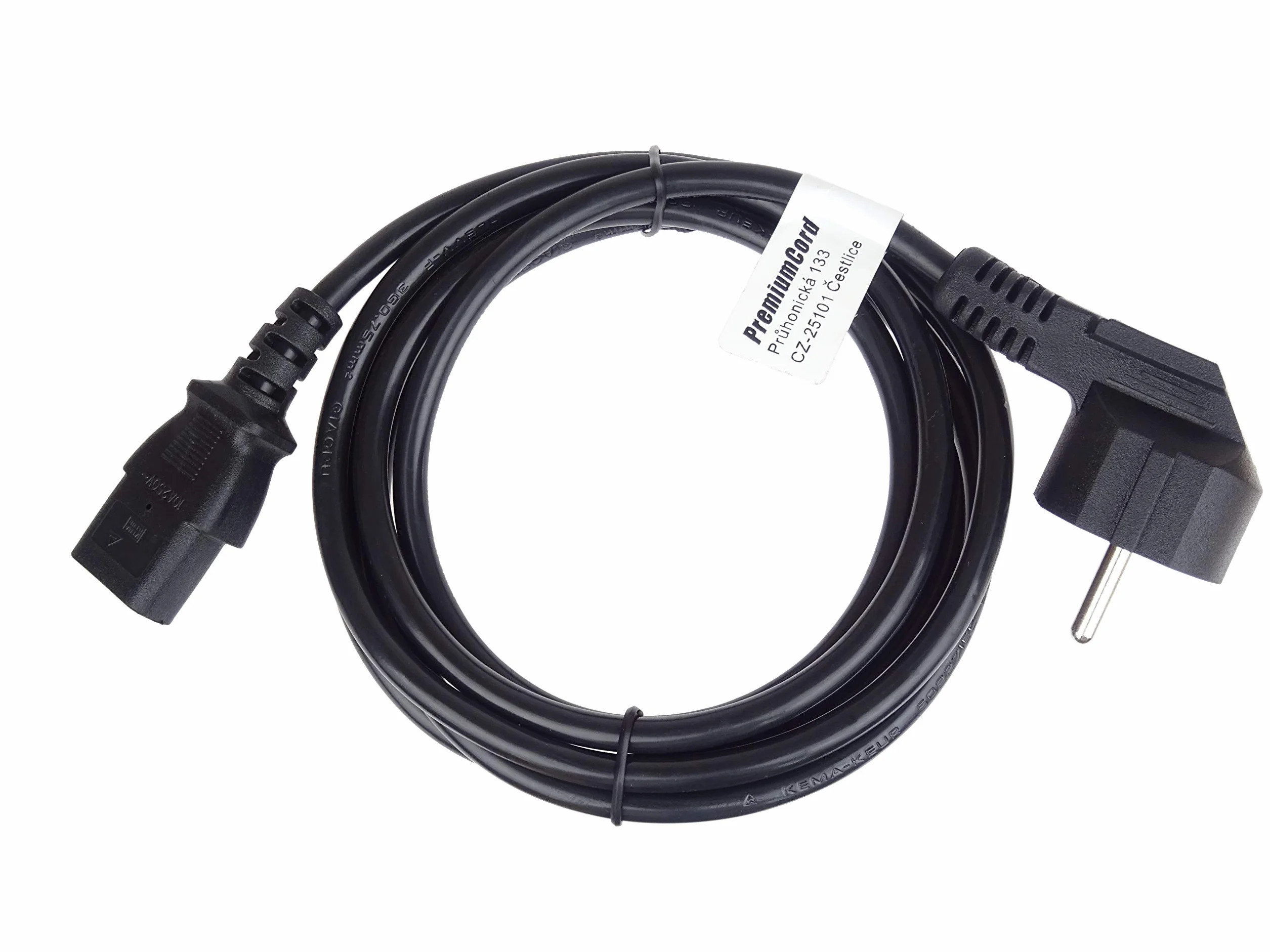 PremiumCord Kabel Zasilający 230V 2m, Kabel Zasilający ze Stykiem Uziemiającym pod Kątem do Gniazda C13, IEC 320, PC 3-pin, Kolor Czarny