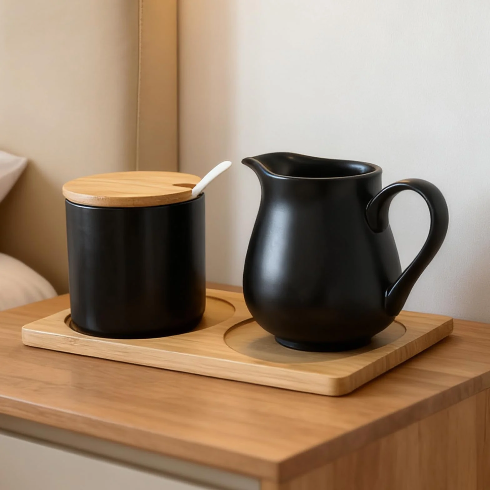 BAIFULAI Zestaw do mleka i cukru z pokrywką i łyżeczką, dzbanek na mleko czarny ceramiczny i cukiernica z drewnianą tacą, zestaw do cukru i mleka, ceramiczny dzbanek na śmietanę, pojemnik na mleko