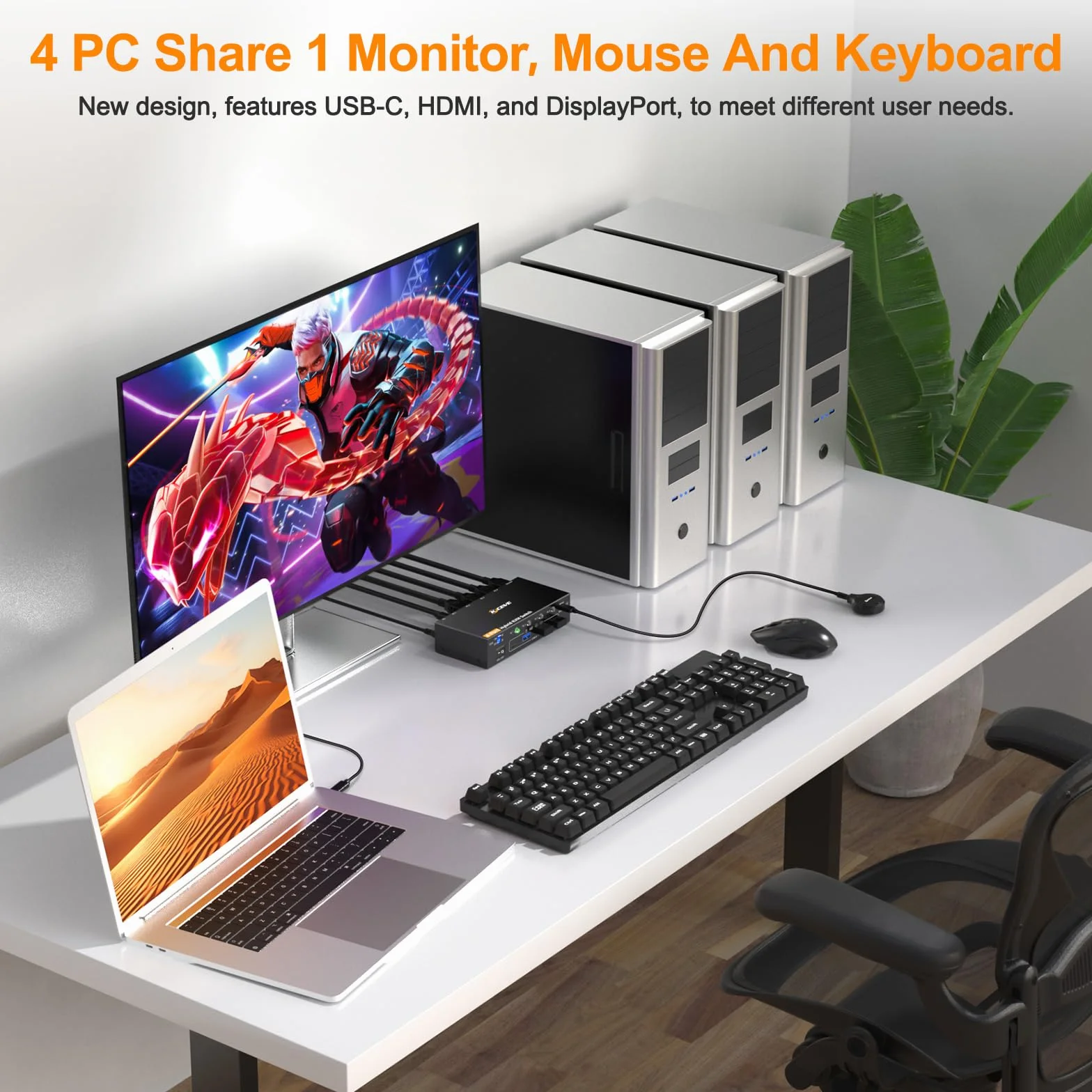 KVM Switch 1 monitory 4 PC, 4K @ 60 USB C+ Displayport + przełącznik HDMI KVM z 4 portami USB 3.0, klawiaturą i kontrolerem biurkowym