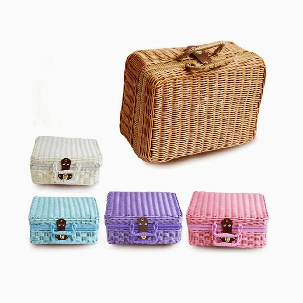 Przechowywanie Makijaż Przenośna rattanowa torebka Materiał ochronny Imitacja Walizka Retro Pudełko do przechowywania kosmetyków Toaletka, B, 34x24x14cm