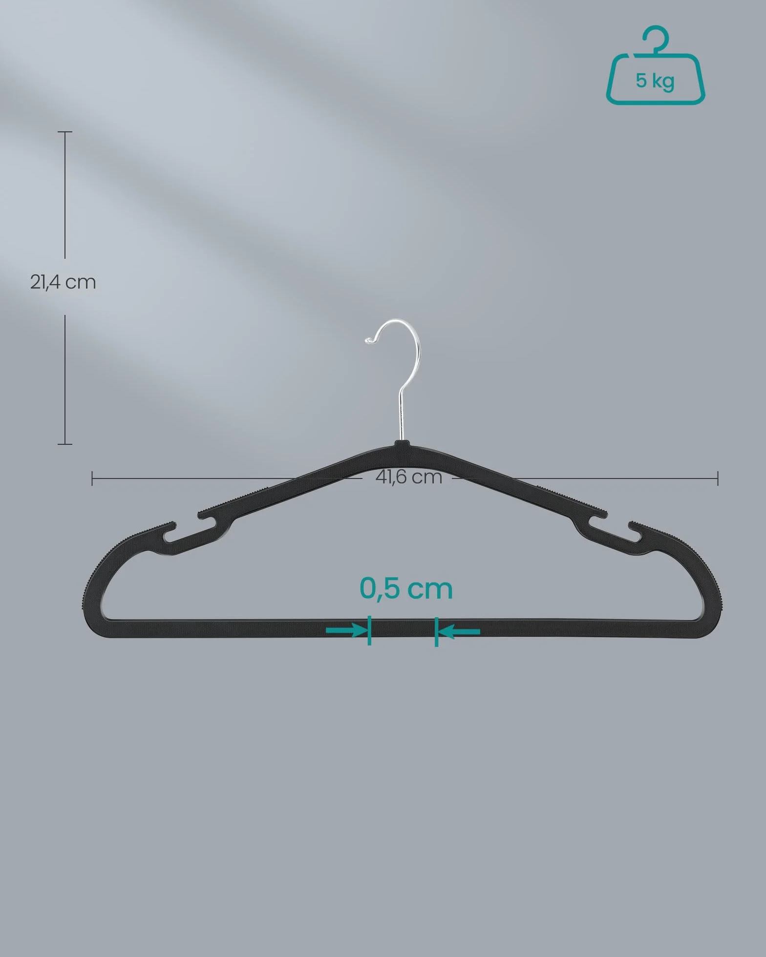 SONGMICS Wieszaki, zestaw 50 sztuk, wieszaki z tworzywa sztucznego, z szerokimi wycięciami na ramionach, drążek do spodni, hak obrotowy 360°, oszczędność miejsca, 41,6 x 21,4 cm, do szafy, czarny tusz