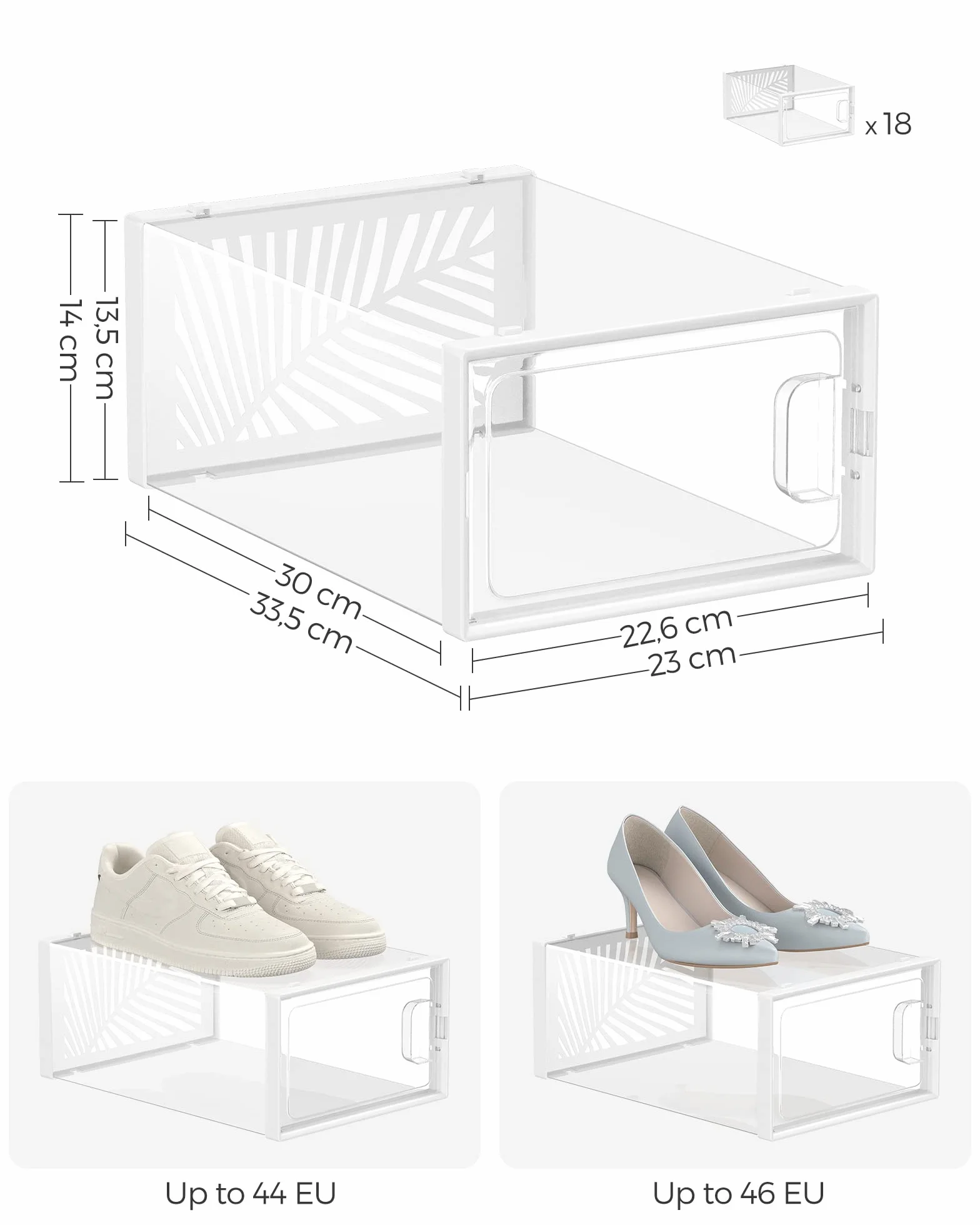 SONGMICS Przezroczyste pudełka na buty, zestaw 18, składane, oddychające, do rozmiaru UK 11