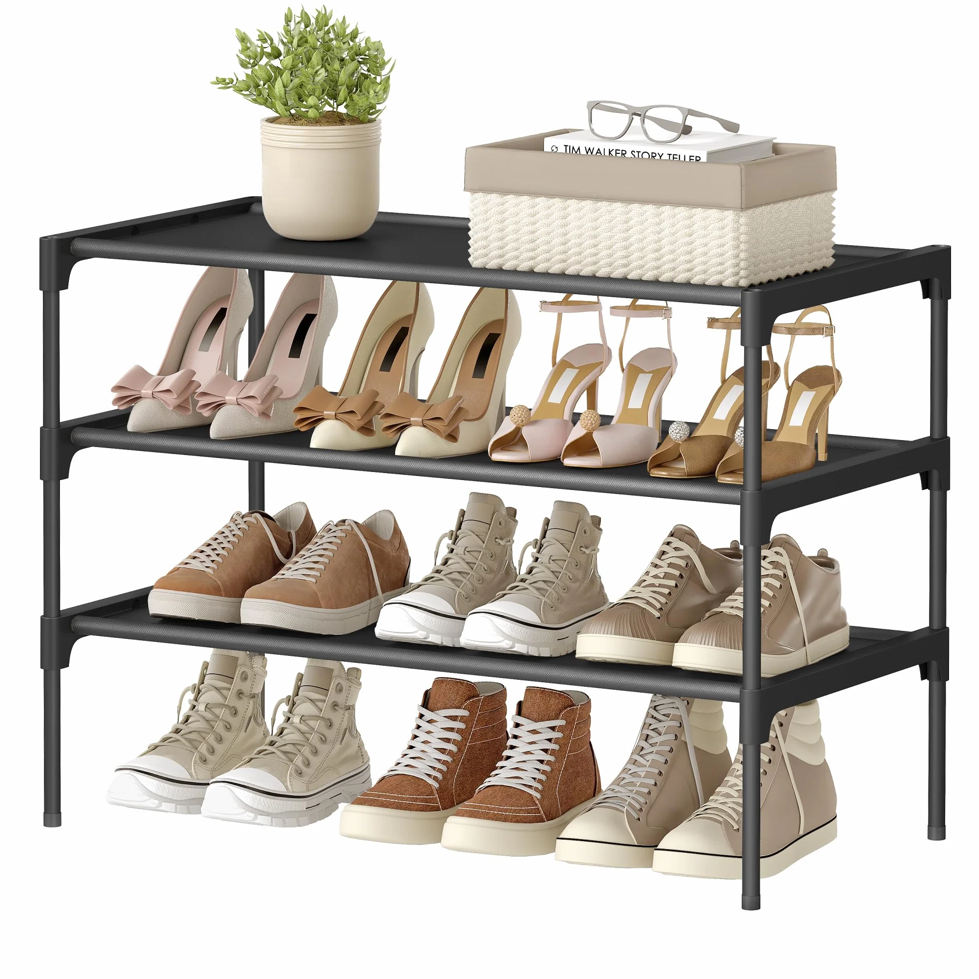 SONGMICS 3-poziomowy stojak na buty, metalowa rama 29,7x62,3x53,5 cm, atramentowy czarny LSH023BH01