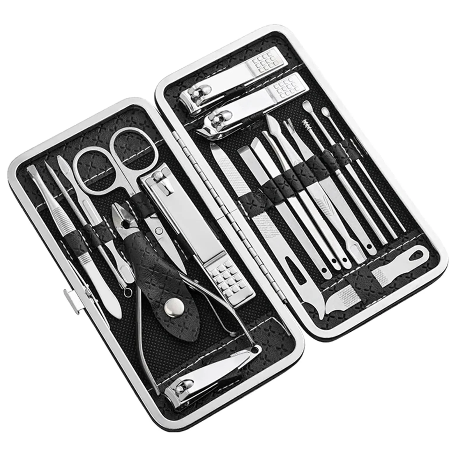 Zestaw do manicure, domowy zestaw obcinaczy do paznokci 18 sztuk, duże szczypce do usuwania martwego naskórka, ukośne, do usuwania martwego naskórka, mały obcinacz do brwi, skórzan(Czarny)