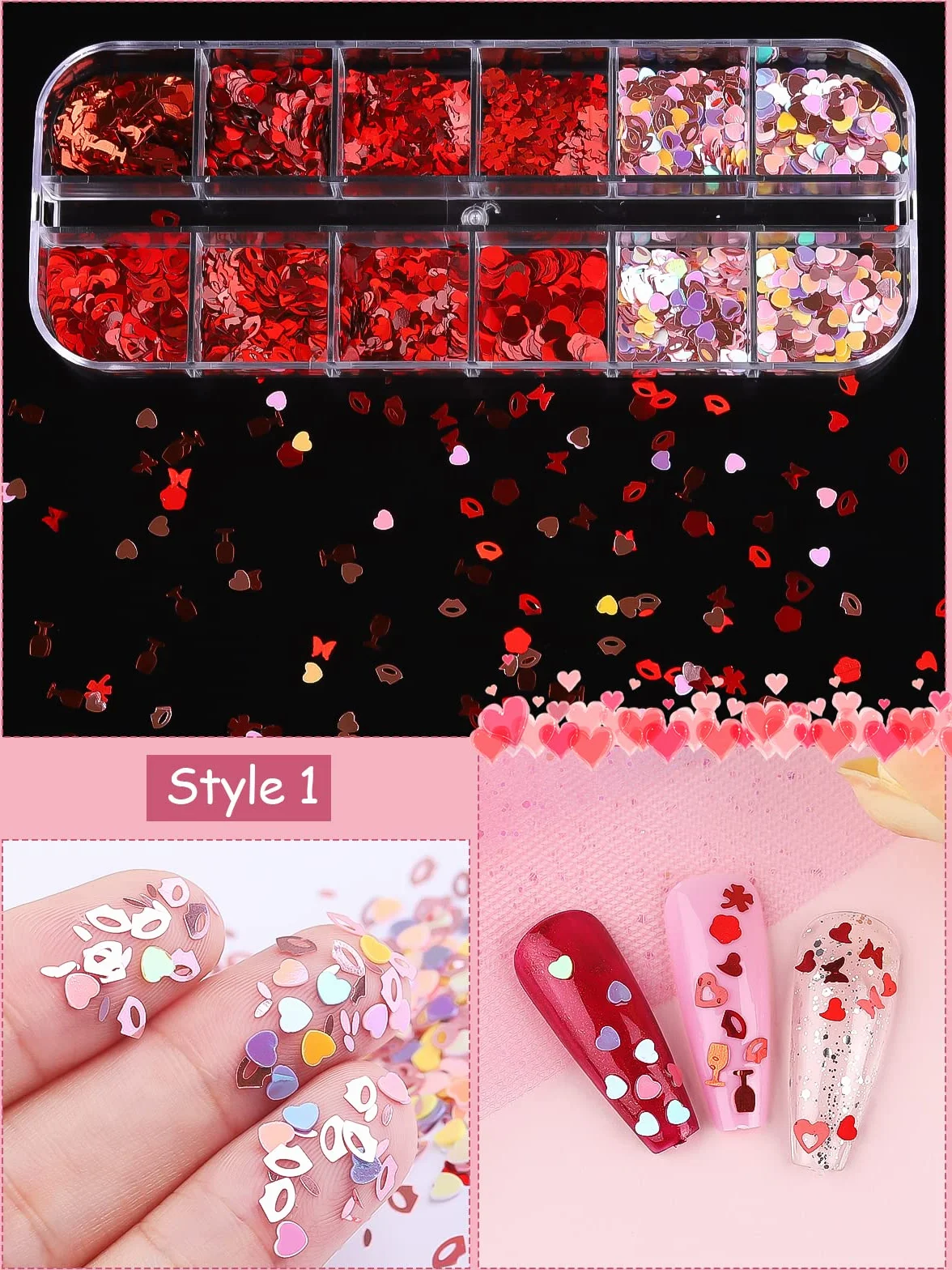 Kalolary 3 x cekiny do zdobienia paznokci walentynkowe, cekiny w kształcie serca, cekiny do paznokci, w kształcie wargi, kwiatowe, holograficzne cekiny do manicure, twarzy, ciała, dekoracji, E