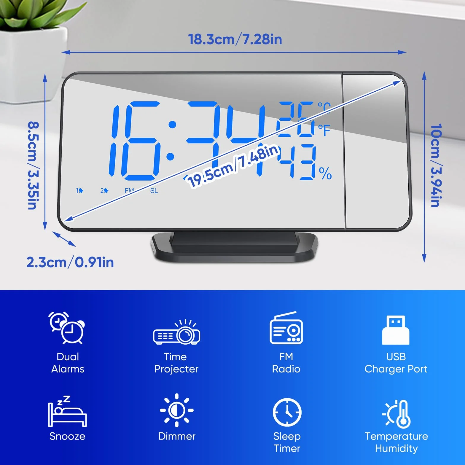 TAKRINK Budzik z projektorem, 4 poziomy jasności, podwójny alarm, USB 12/24 h