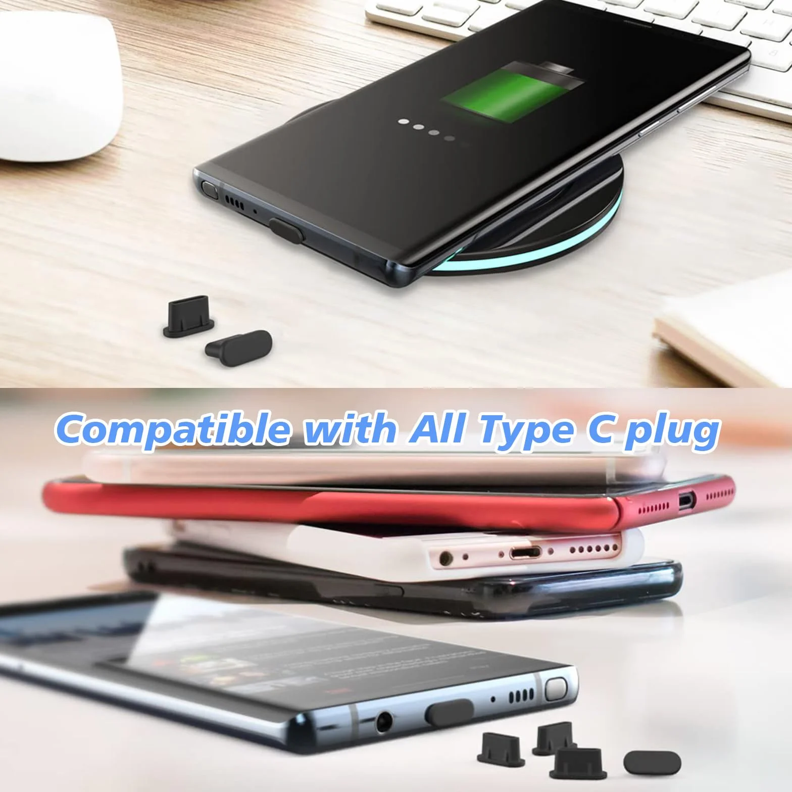 Lilbitty Zestaw 6 szt. osłonek przeciwpyłowych USB-C z dwoma małymi szczotkami do czyszczenia, silikonowe nakładki ochronne do USB 3.1 typu C, uniwersalne do Samsung, Google, Xiaomi i wielu innych