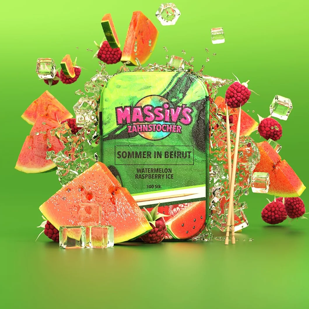Massiv's Toothpicks Smakowe wykałaczki SOMMER IN BEIRUT Watermelon Raspberry Ice 100 sztuk metalowa puszka Wegańskie