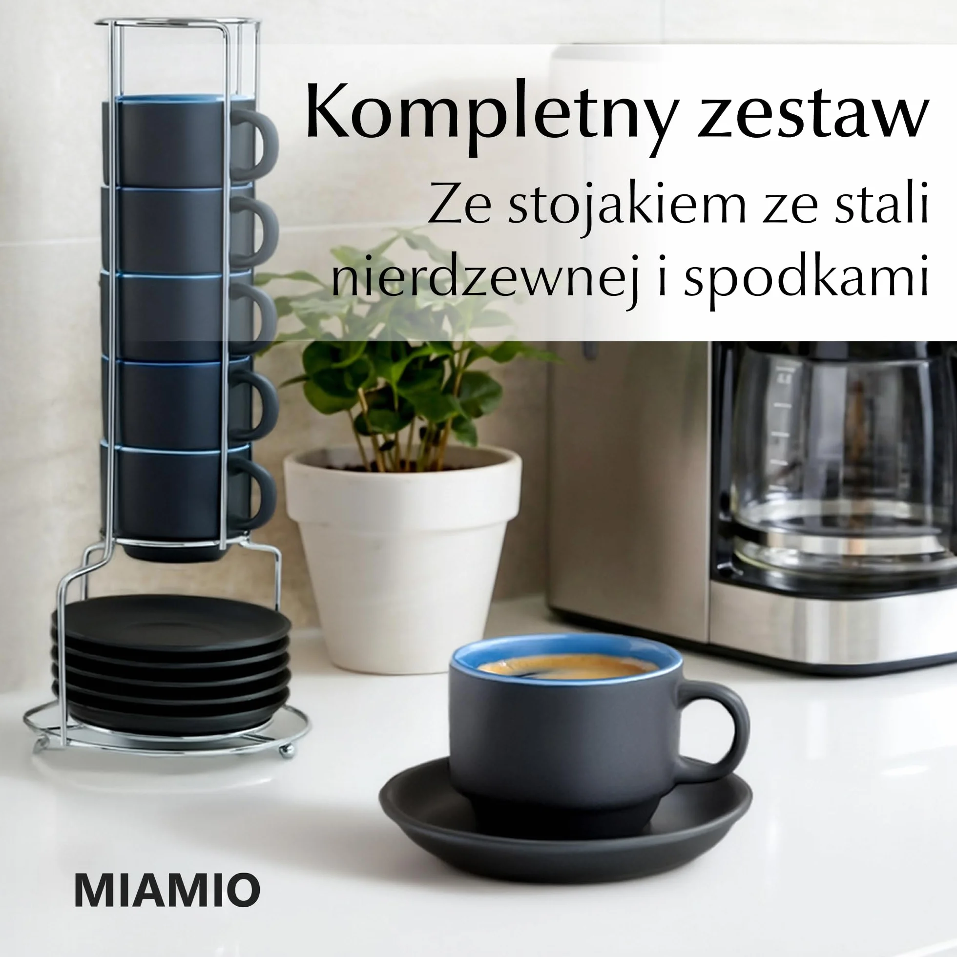 MIAMIO Zestaw kubków espresso 6x75 ml kamionka czarne zewnątrz kolorowe wewnątrz Le Papillon Niebieski