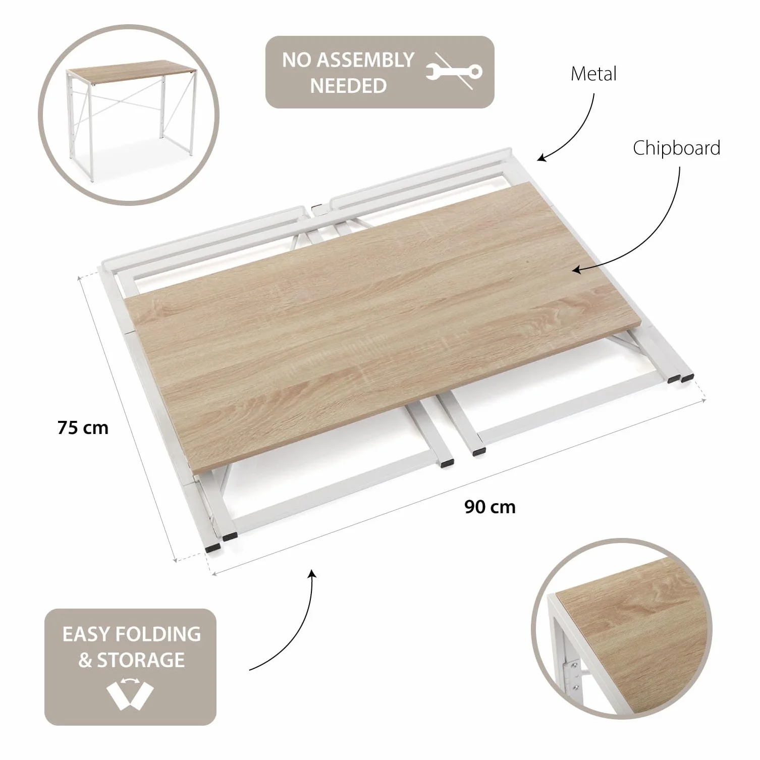 Versa Jack Składane Biurko Komputerowe 74 x 45 x 90 cm Białe Drewno Metal