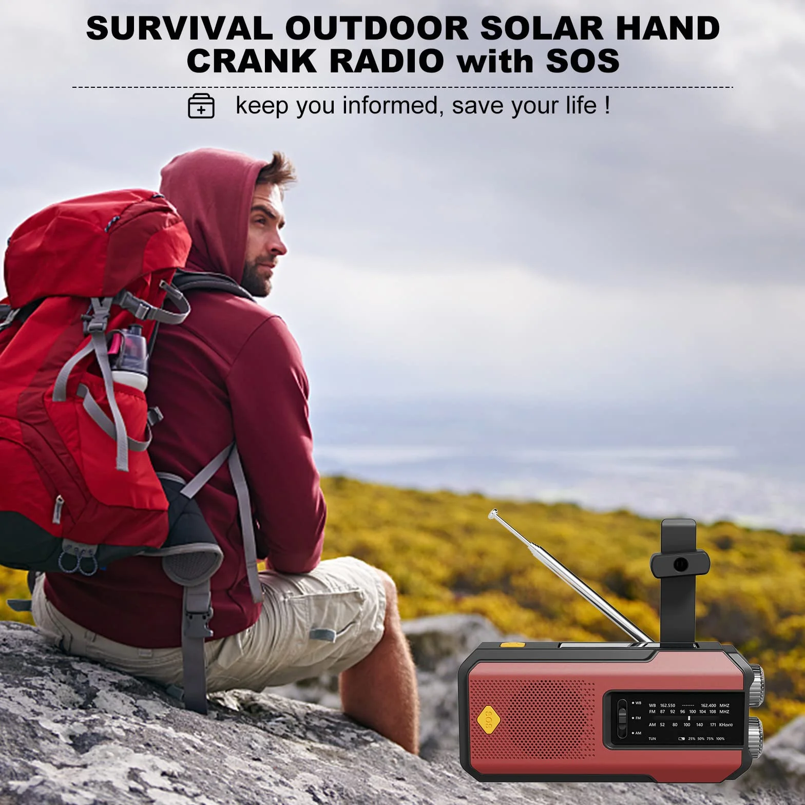 Radio słoneczne pogoda z AM FM NOAA, Przenośny generator energii radia awaryjnego korby 2000mAh, Survival Hurricance Gear 3 Latarka LED, ładowarka do telefonu USB do Camping