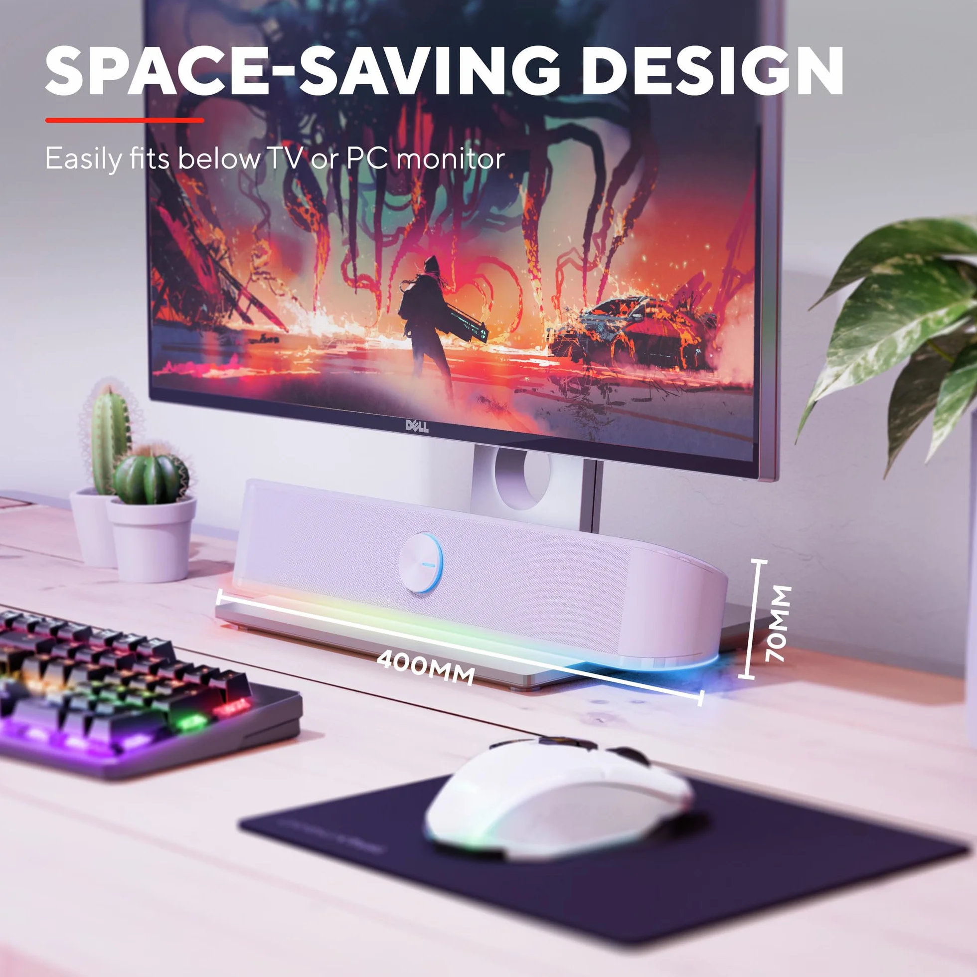 Trust Gaming GXT 619 W Thorne Soundbar z oświetleniem RGB 12 W, stereo głośniki komputerowe, jack 3,5 mm AUX, kompaktowy głośnik USB 2.0 do komputera stacjonarnego, laptopa – biały
