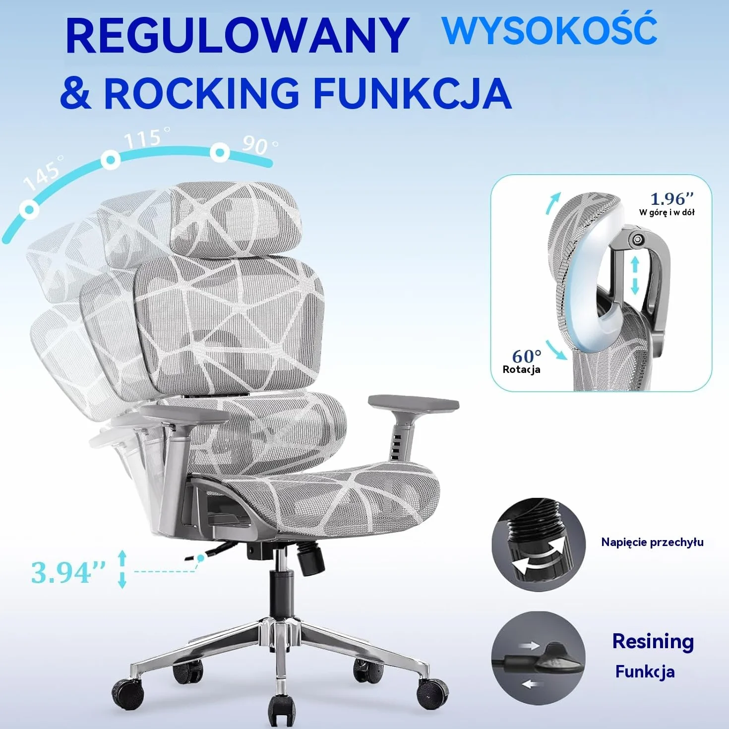 Krzesło Biurowe Gamingowe z Wysokim Oparciem z Siatki, Podłokietniki 3D, Regulowany Zagłówek, Szary