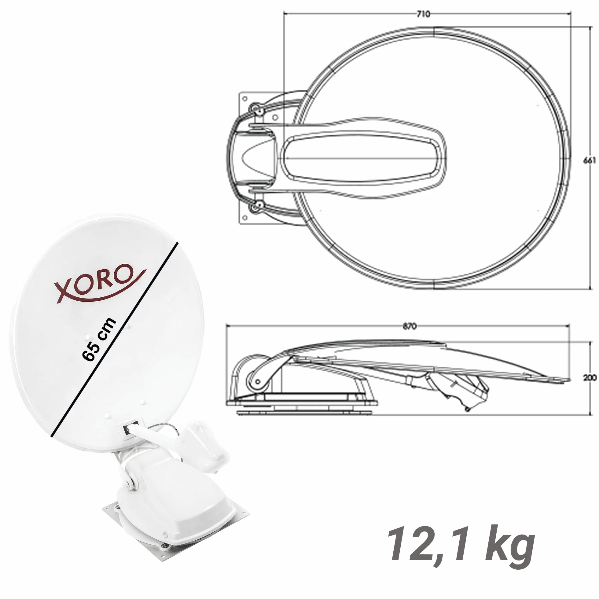 XORO MTA 65 – w pełni automatyczna antena satelitarna 65 cm, wkładka stacjonarna i mobilna, zasilanie 12/24 V, w zestawie sterownik, kabel instalacyjny i akcesoria, kolor biały