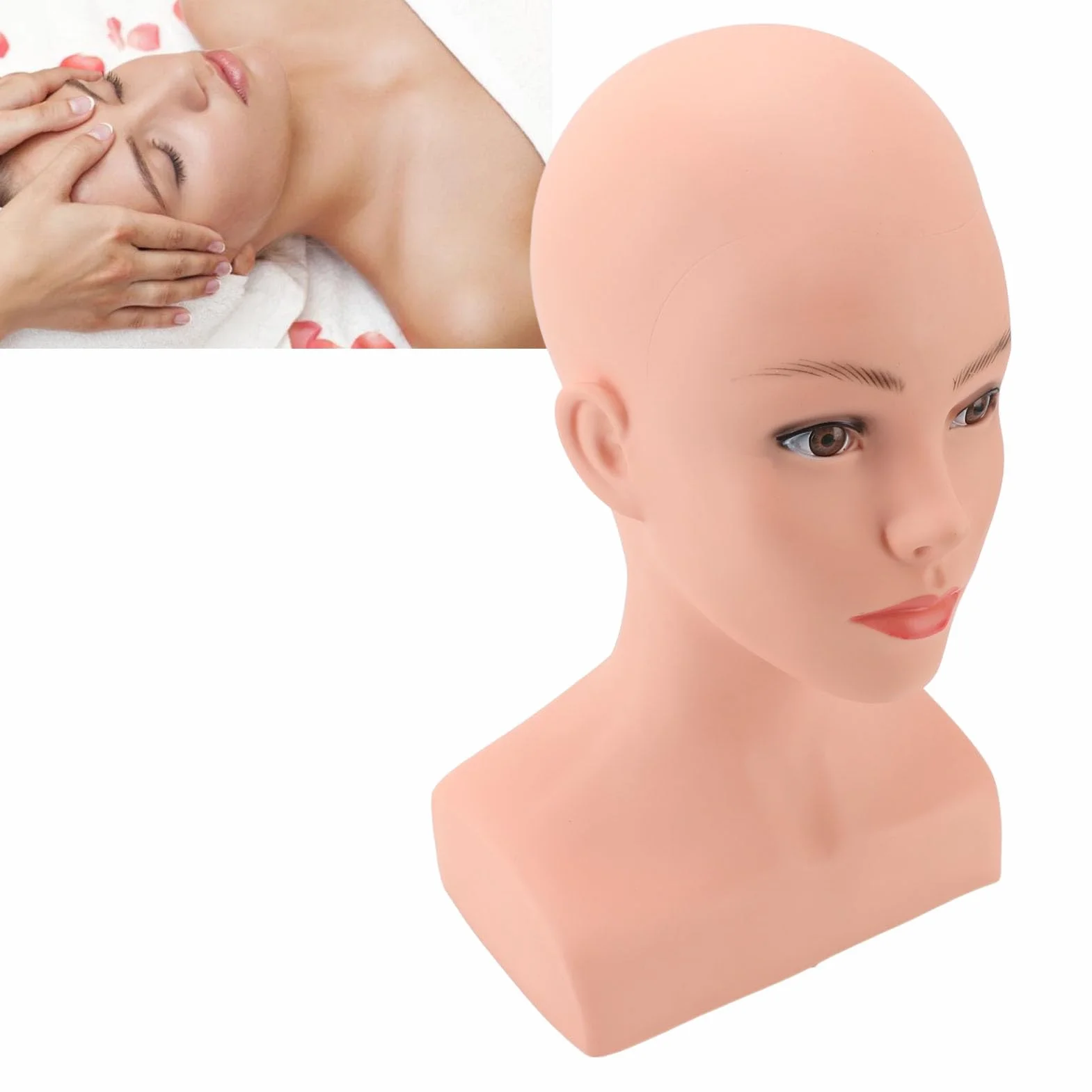 Głowa manekina realistyczna głowa manekina biust peruka stojak na głowę do peruki ekspozycja tworzenie stylizacji, kobieca łysa głowa manekina z ramieniem PVC profesjonalna kosmetologia makijaż twarzy