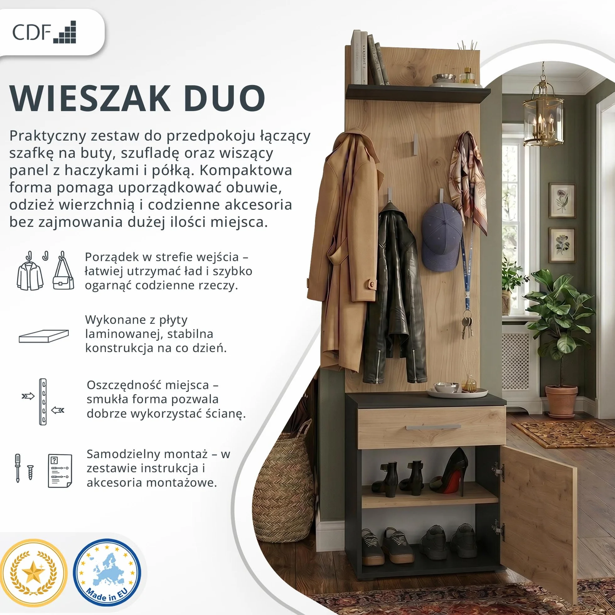 CDF Wieszak na ubranie Duo antracyt dąb Artisan szafka z szufladą na małe przedmioty i buty