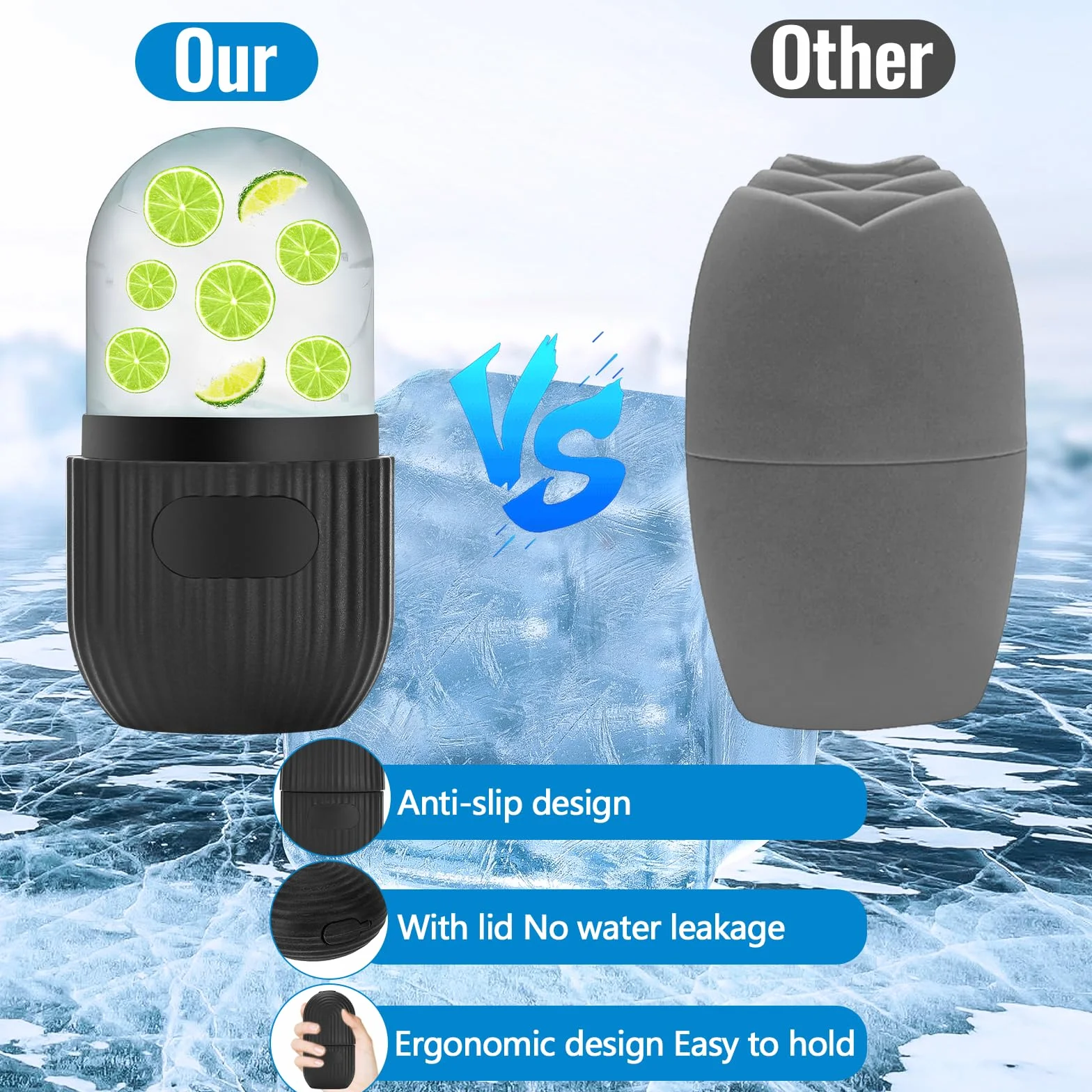 Ice Roller, lodowa twarz, silikonowa hulajnot na lody, twarz hulajnogi, wielokrotnego użytku do twarzy twarzy do twarzy do porów, rozjaśniające fałdy, pielęgnacja skóry （czarny）