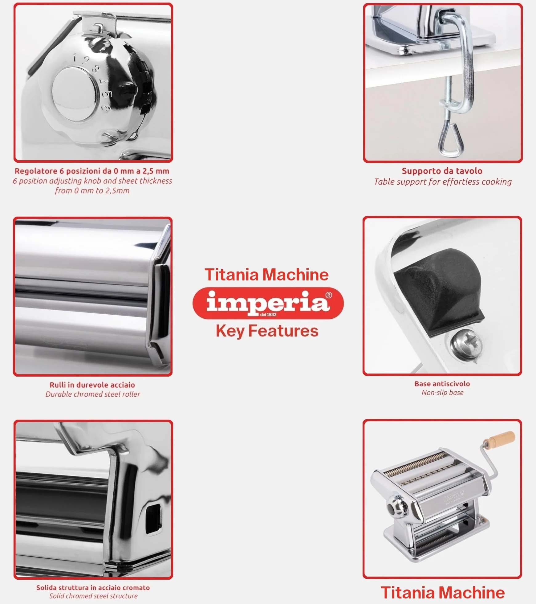 Imperia Titania IPASTA Maszyna do makaronu w 100% Made in Italy. Maszyna do świeżej pasty stalowej. Ręczna maszyna do przesuwania z korby. Utwórz przeglądarkę dla Lasagne, Tagliolini, Fettuccine.