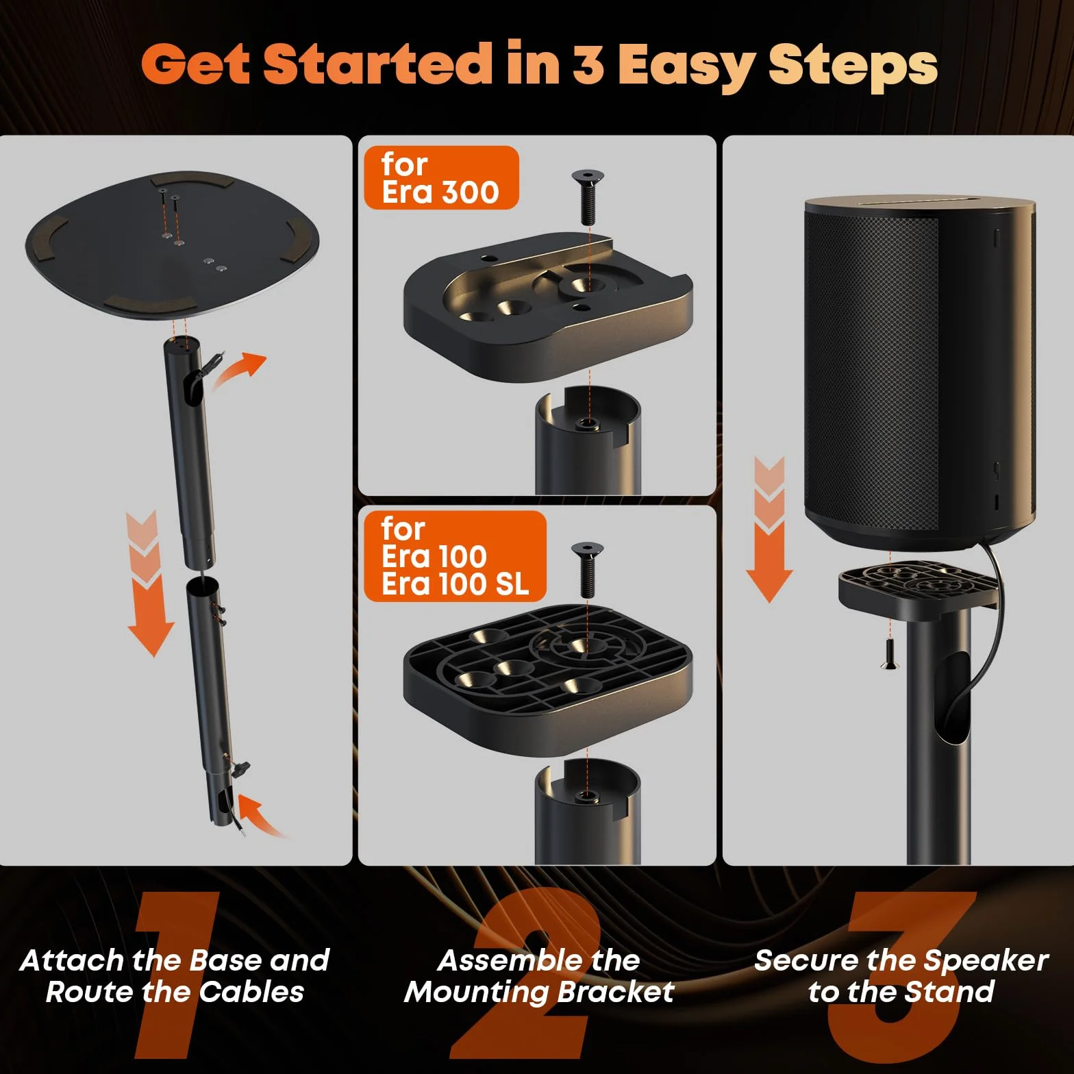 Stojaki do głośników Sonos Era 100 i Era 300 – Regulowana wysokość, Stojaki podłogowe 74-99 cm, Podstawa Dual-Mount oszczędzająca miejsce, Maksymalne obciążenie 5 kg na stojak, 1 para, Czarny