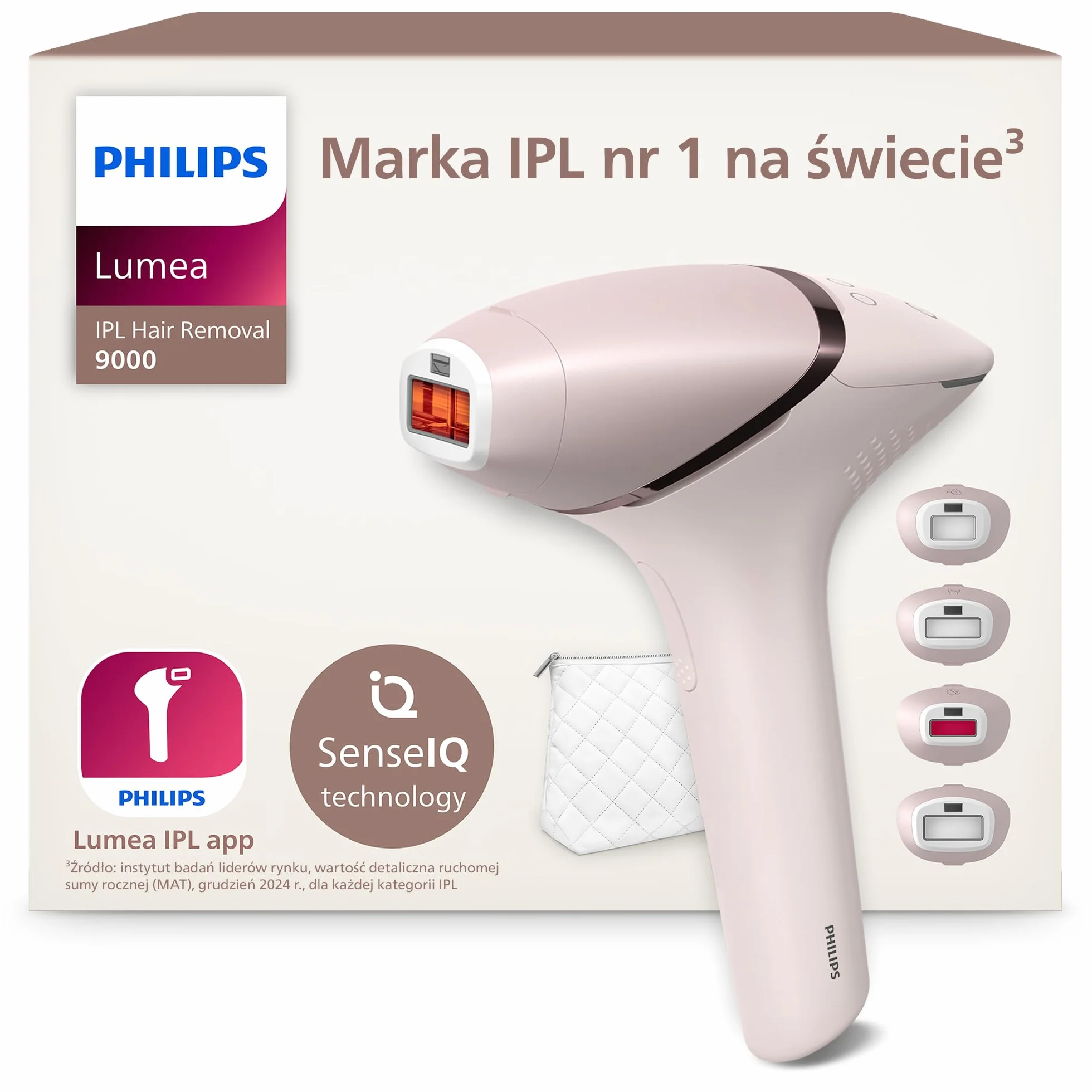 Philips Lumea Urządzenie IPL z serii 9000 — urządzenie do usuwania włosów, alternatywa dla laserowego usuwania włosów, technologia SenseIQ, 4 nasadki: do ciała, BRI957/00