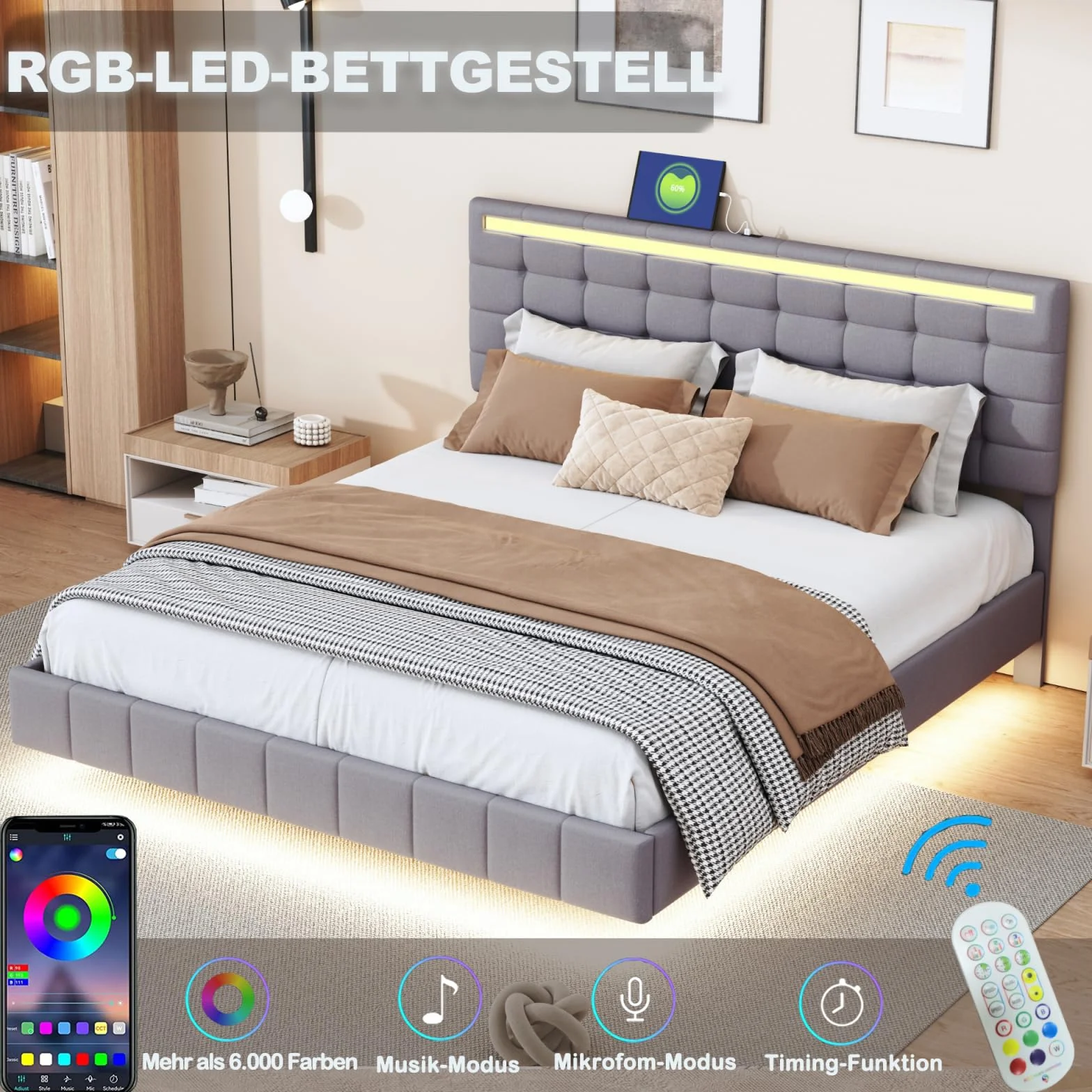 Łóżko tapicerowane 160x200 cm z oświetleniem LED i USB, szare
