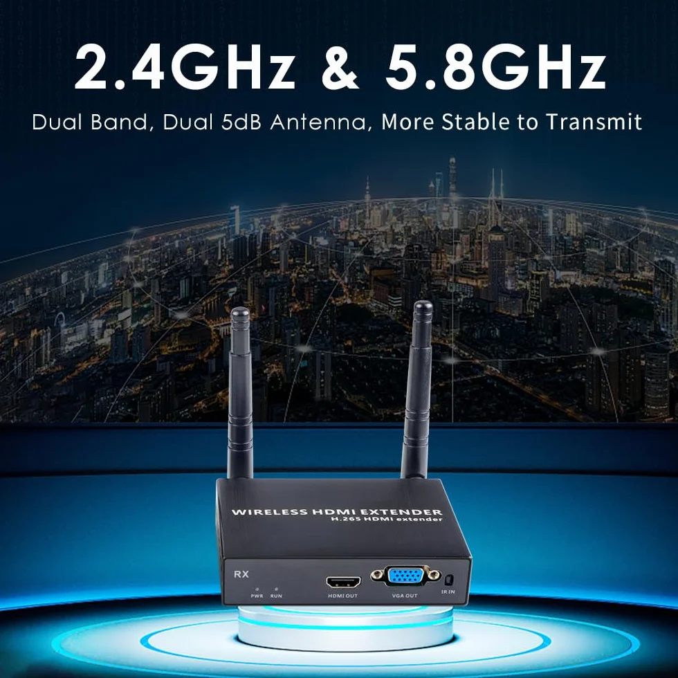 EXVIST Nadajnik Wireless HDMI z 2 odbiornikami i wyjściem VGA, 1080P@60FPS, H.265, duży zasięg do 656 stóp, obsługa podczerwieni, przesyłanie strumieniowe z laptopa, PS4, telewizora HDTV lub projektor