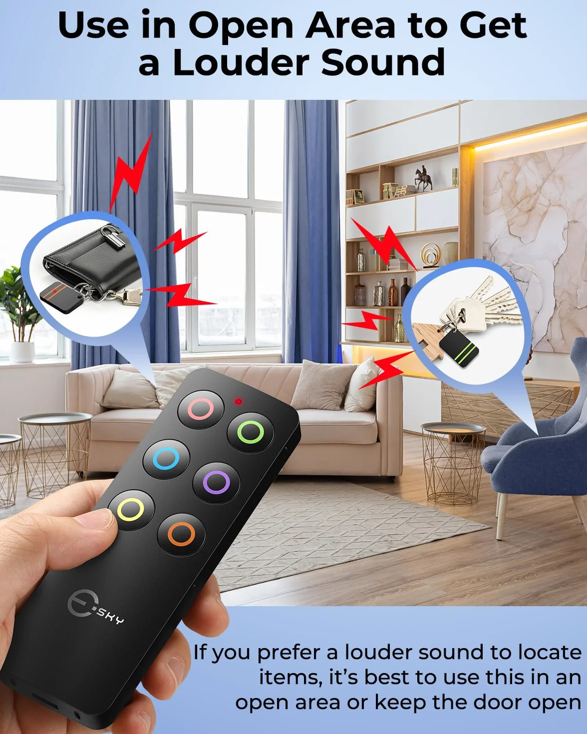 Esky Lokalizator kluczy, tracker kluczy z zapasowym nadajnikiem RF, bezprzewodowy lokalizator przedmiotów RF, bezprzewodowy lokalizator kluczy z breloczkiem, lokalizator telefonu, tracker zwierząt