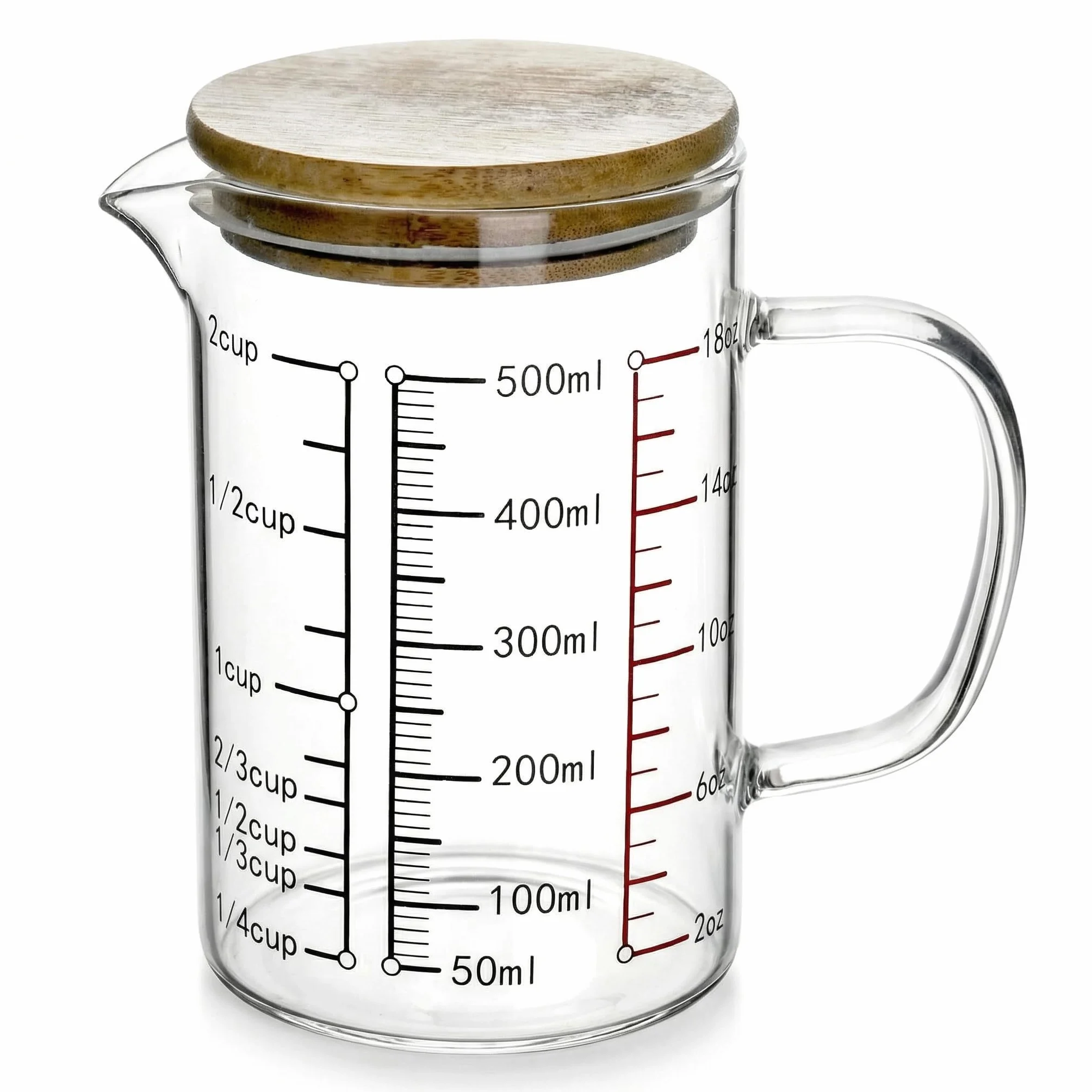 QWORK 500ml Szkło borokrzemowe Miara z bambusową pokrywką, odporne na temperaturę, mikrofalowa, piekarnik