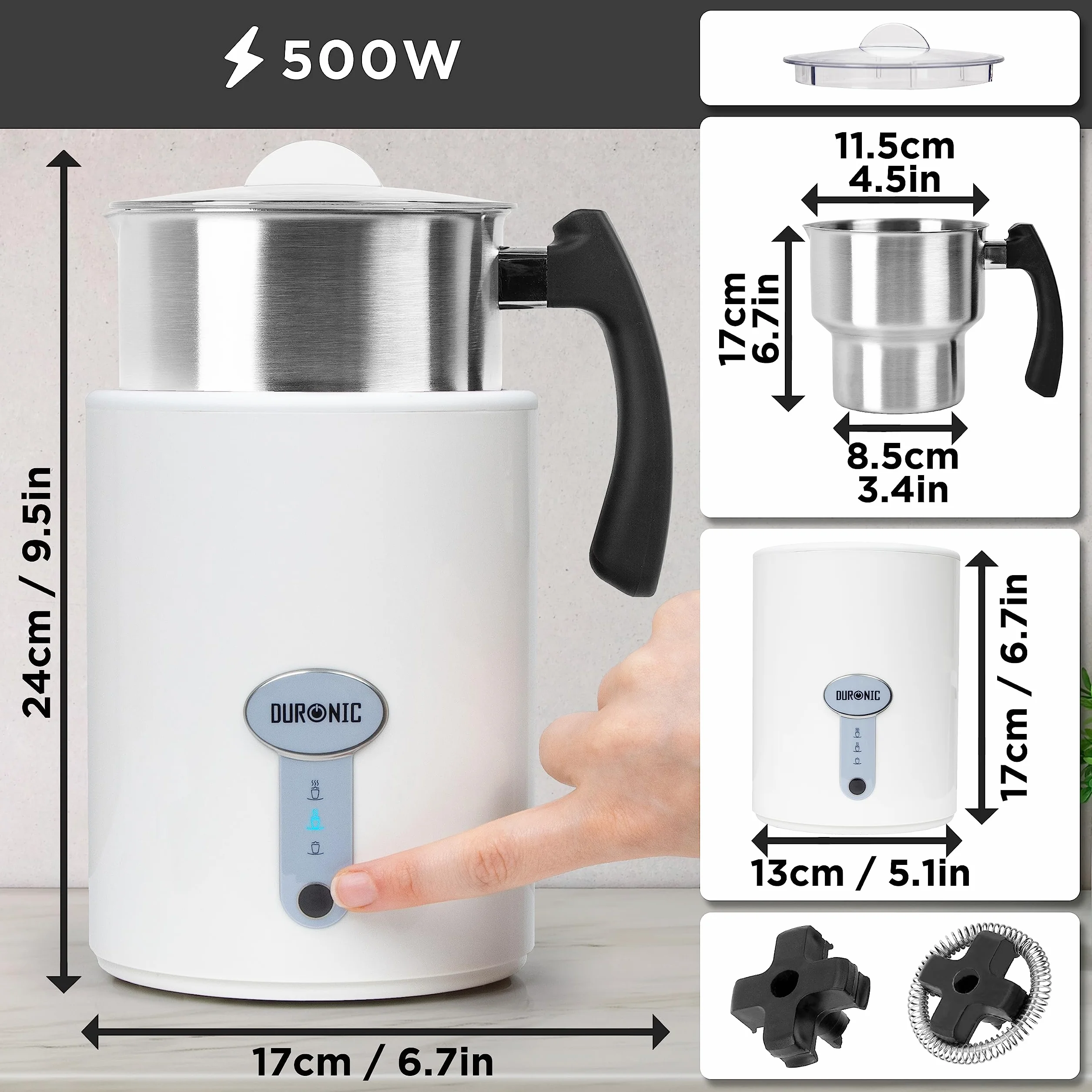 Duronic MF500 WE Automatyczny spieniacz do mleka elektryczny 500W ze stali nierdzewnej 500ml