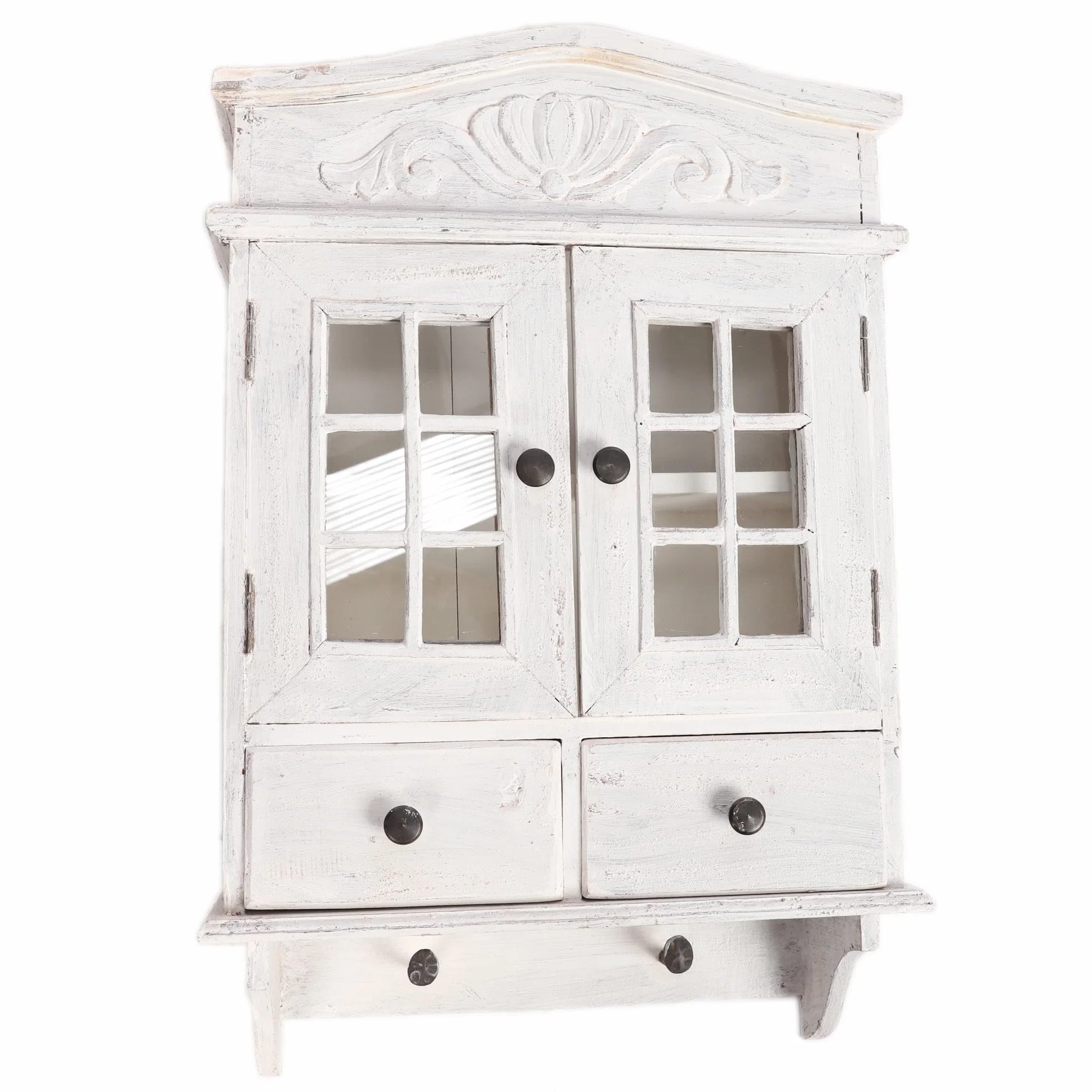 Szafka wisząca rustykalna w stylu shabby chic – biała drewniana witrynka z przeszklonymi drzwiczkami i szufladkami 68x45 cm do kuchni, jadalni Antyki24