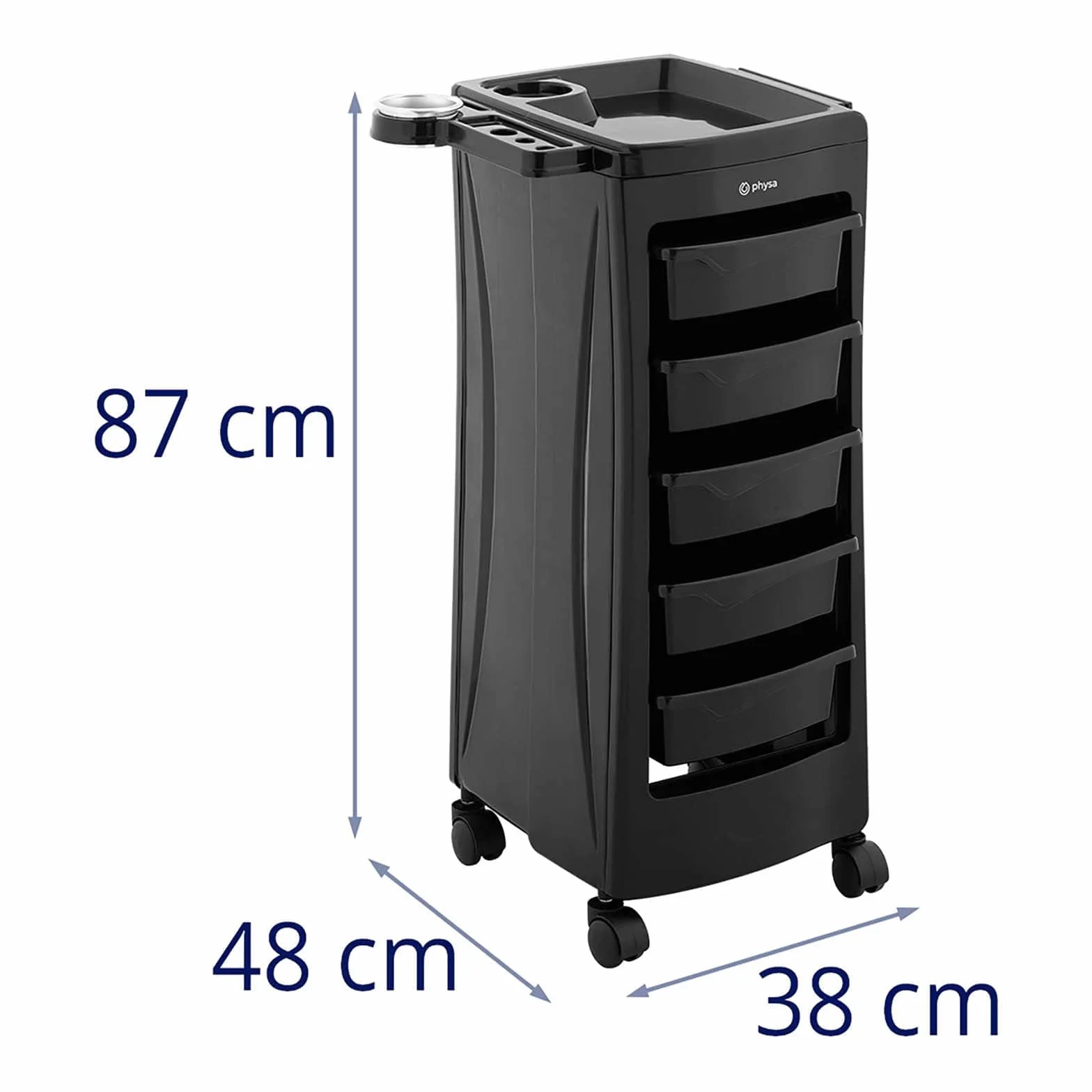 Physa PHYSA-RR-10 Wózek Fryzjerski, 10 kg, 5 Szuflad, Uchwyt na Suszarkę, Czarny, Wózek Roboczy