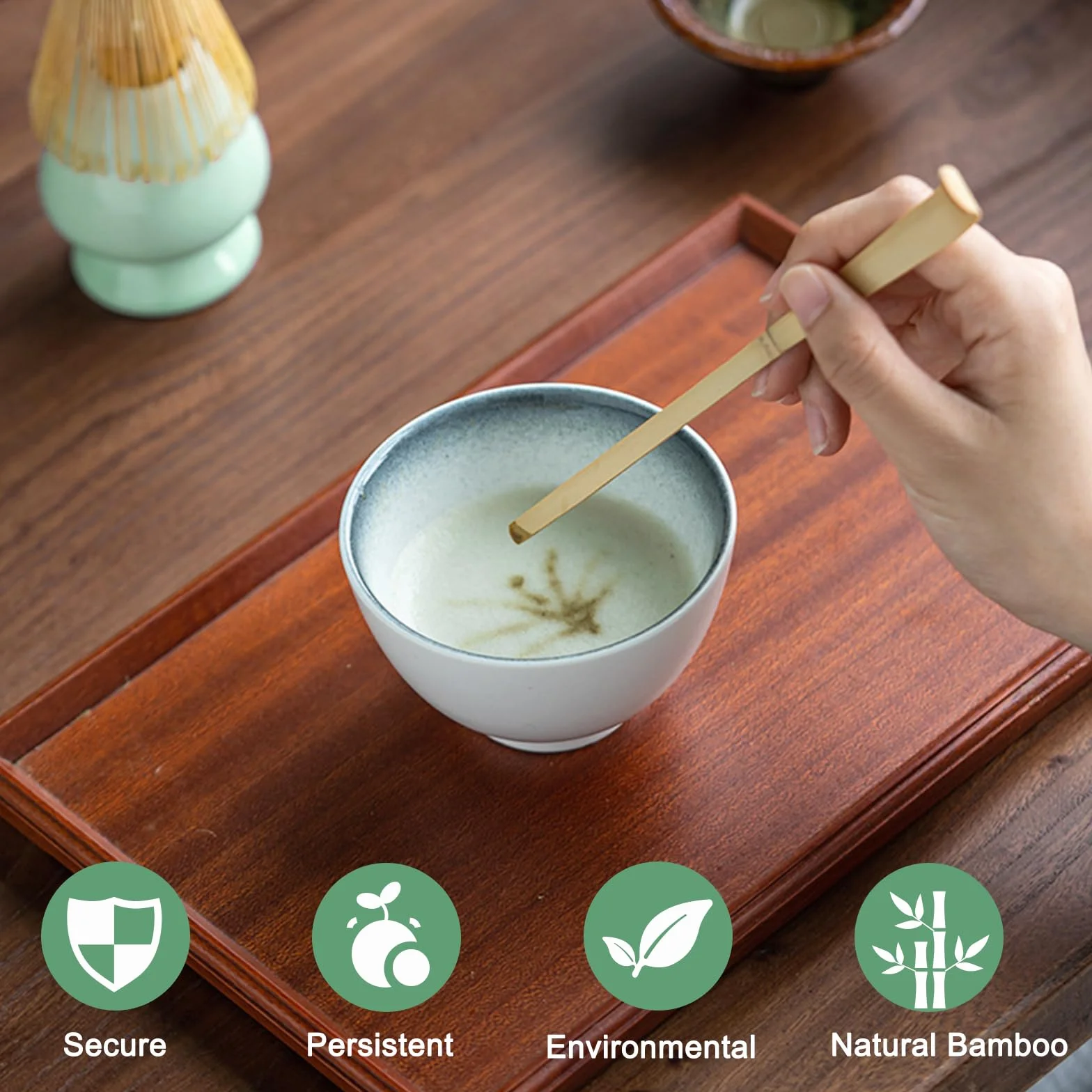 Miotełka do matcha – Zestaw miotełek do matcha – 4-częściowy zestaw z łyżeczką i ceramicznym uchwytem – idealny do przygotowania matcha i ceremonii – cyjanowy
