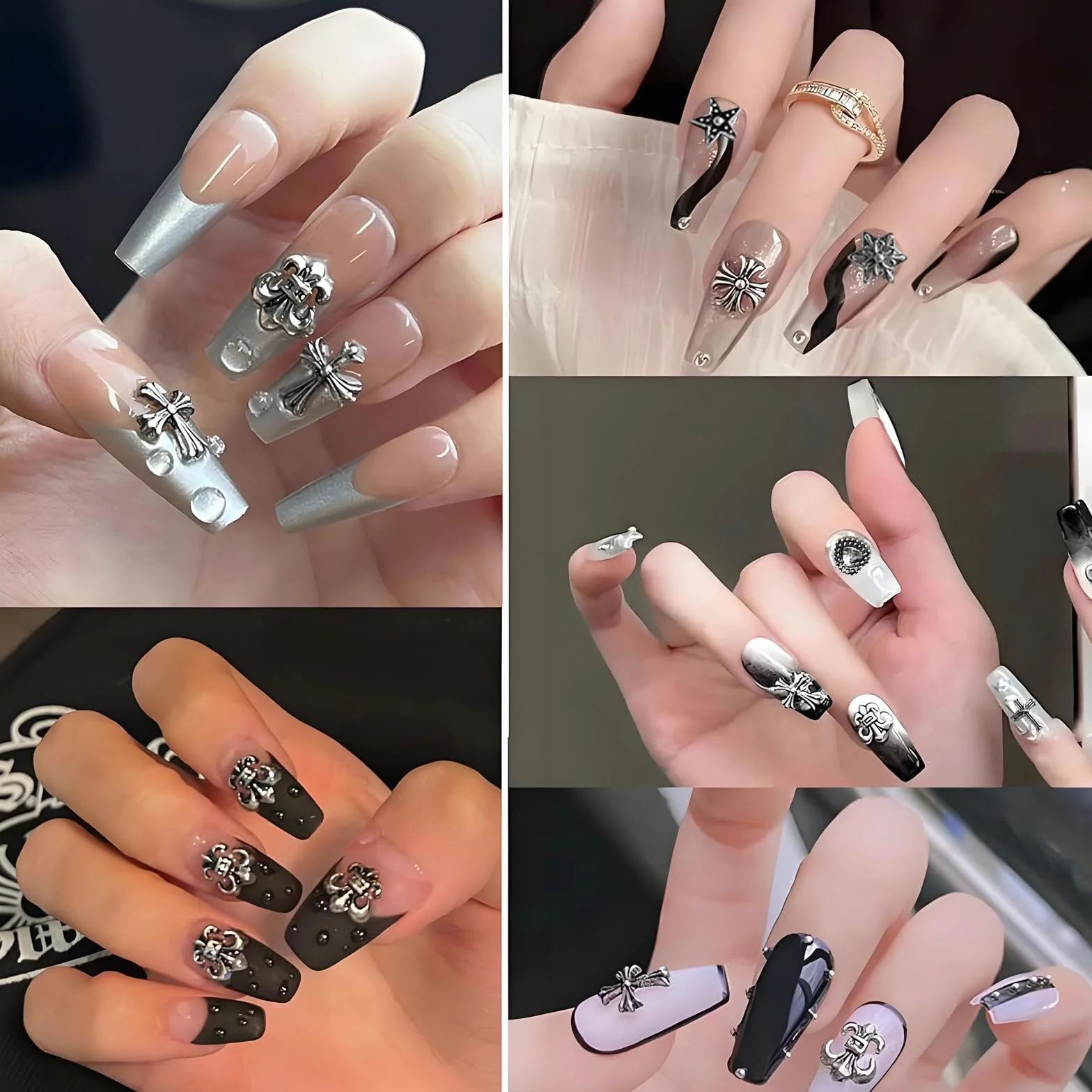 120 sztuk metalowych nitów 3D Nail Charms, srebrne zawieszki w stylu gotyckim retro charms do krzyżyka, zdobienia paznokci, ozdoby do stylizacji paznokci (srebrzyste 1)