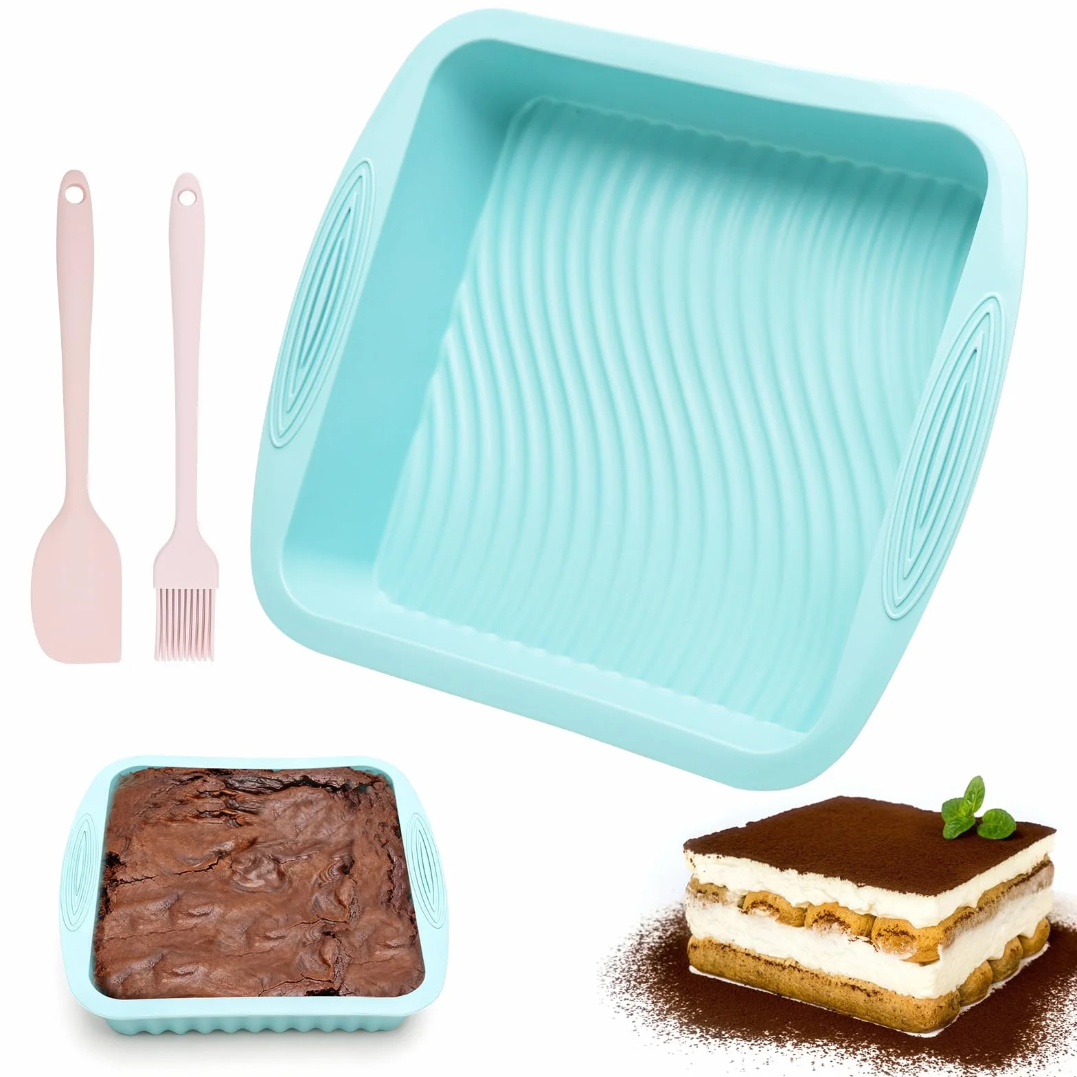 VOSSOT Silikonowa forma do pieczenia brownie, prostokątna, 20 × 20 × 5 cm, silikonowa forma do pieczenia brownies, tiramisu z biurem i skrobakiem
