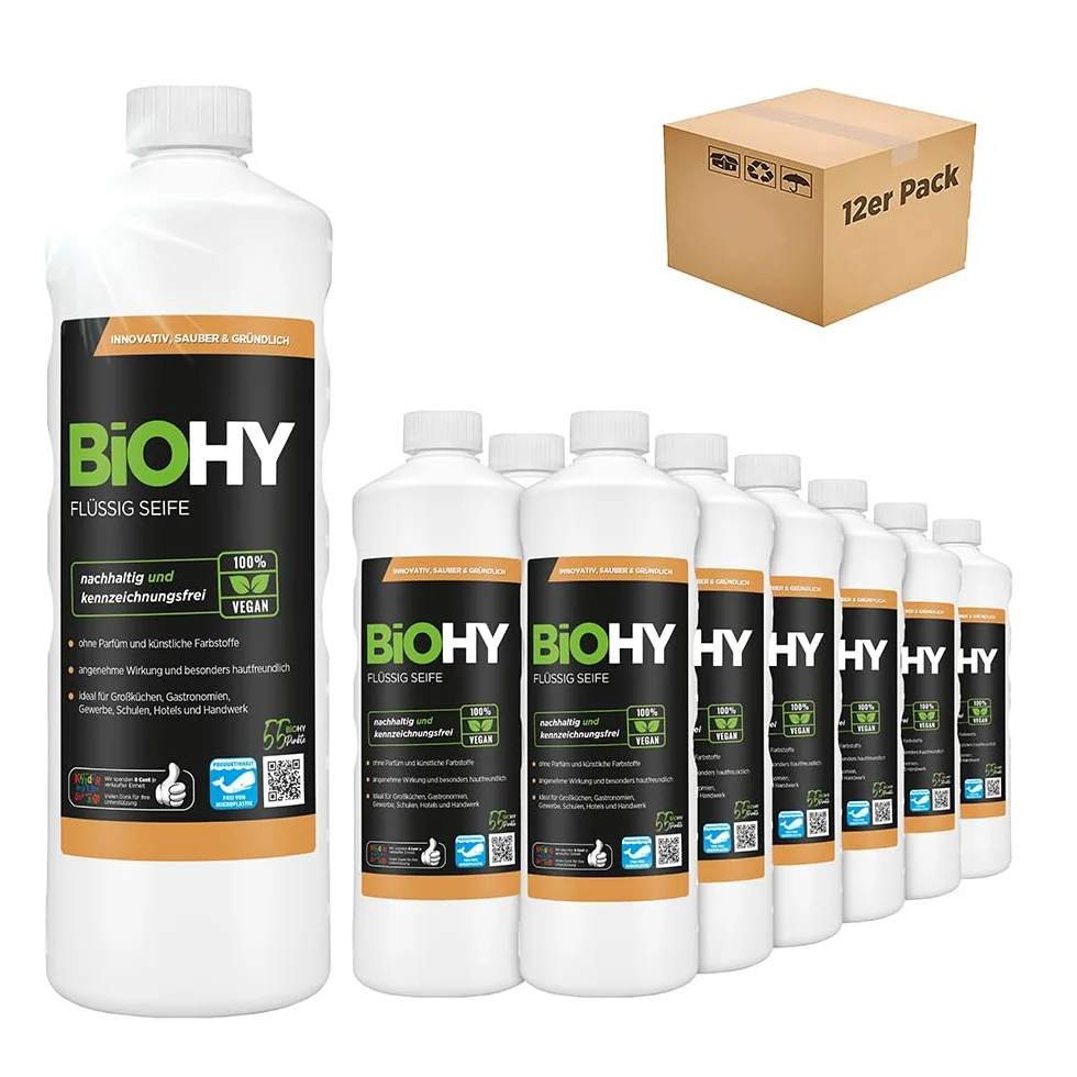 BiOHY Mydło w płynie (12 x 1 l) | delikatne dla skóry, natłuszczające i płynne mydło do rąk | nie zawiera fosfatów | bezzapachowe | nadaje się również do twarzy | bez perfum i barwników