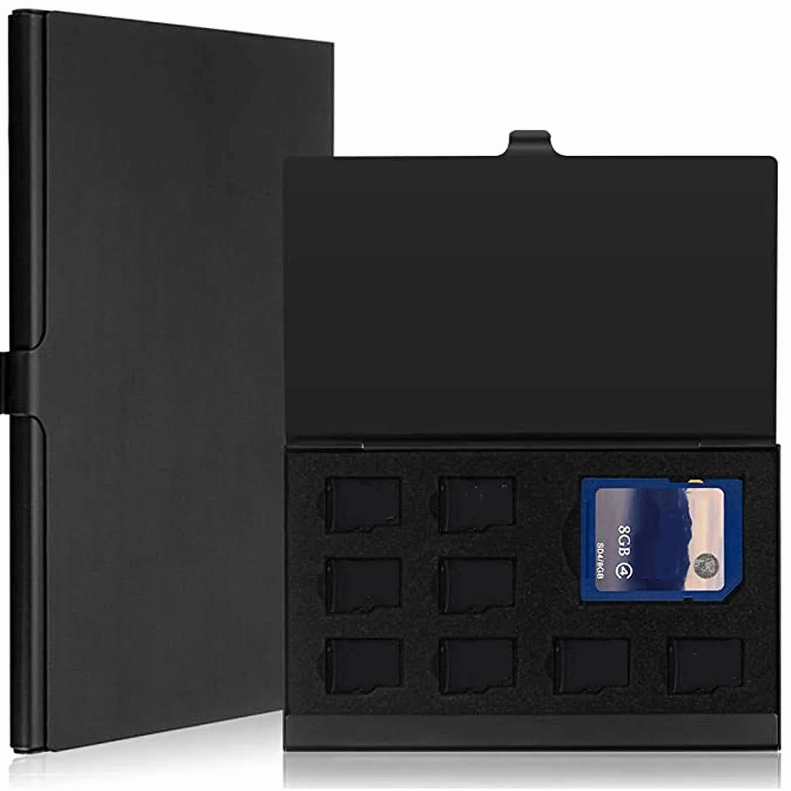 Pudełko do Przechowywania Kart SIM, Aluminium, Czarne, 9.3x6x1.1cm, z Pianką EVA, 4 Karty SIM + 12 Nano + 4 Gniazda SIM + 1 Pin