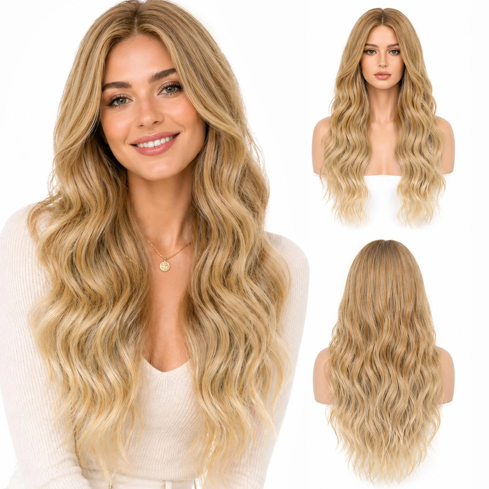 Długie blond falujące peruki dla kobiet i dziewcząt, 27'' peruki kręcone, syntetyczne peruki damskie, pełne włosy, długie peruki zastępcze dla pań, do eleganckiej zabawy, imprezy cosplay