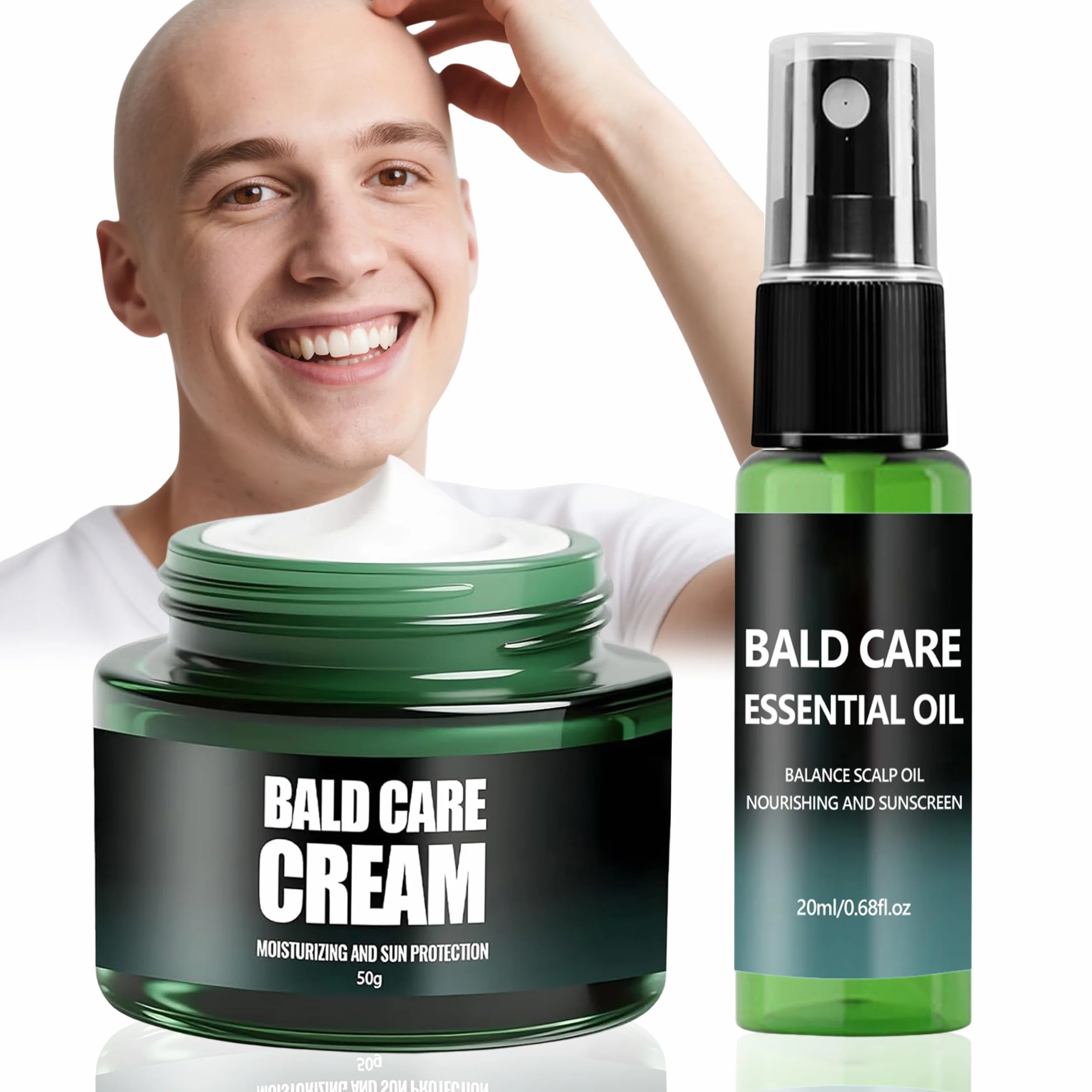 Pielęgnujący krem na łysinę i spray do pielęgnacji skóry głowy - zestaw, krem do pielęgnacji skóry głowy, pielęgnujący spray dla łysych, nawilżająca pielęgnacja łysej głowy, odświeżający i