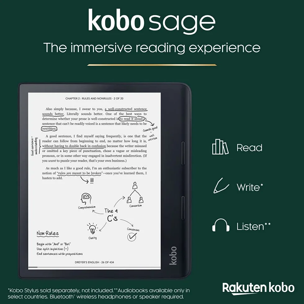 Kobo Sage | eReader | Przeciwodowy ekran dotykowy 8 HD | Wodoodporna | Regulowana jasność i temperatura kolorów | Redukcja niebieskiego światła | Bluetooth | WiFi | pamięć 32GB, Czarny