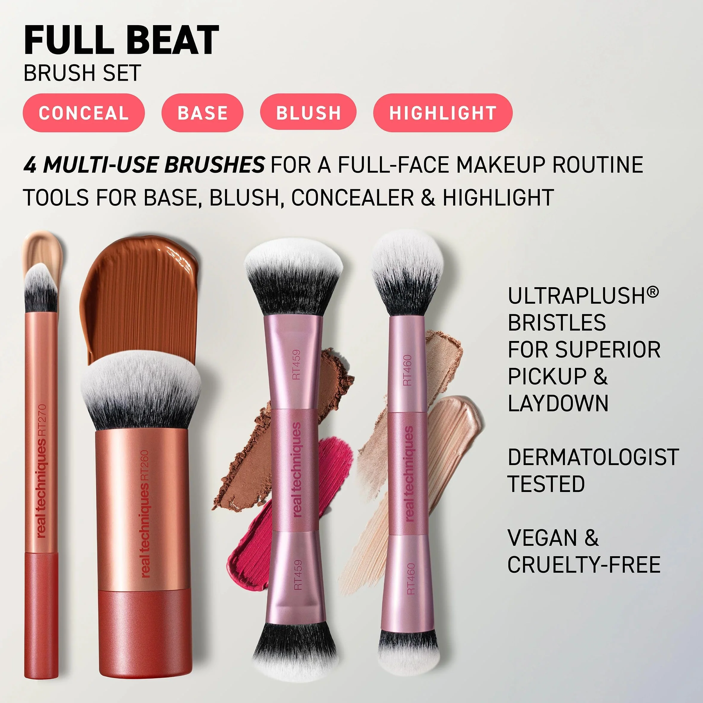 Real Techniques Full Beat zestaw pędzli do makijażu, 4-częściowy zestaw pędzli do podkładu, korektora, różu, konturu, rozświetlania i mieszania proszków, zestaw podróżny, miękkie włosie ultramiękkie, bez okrucieństwa