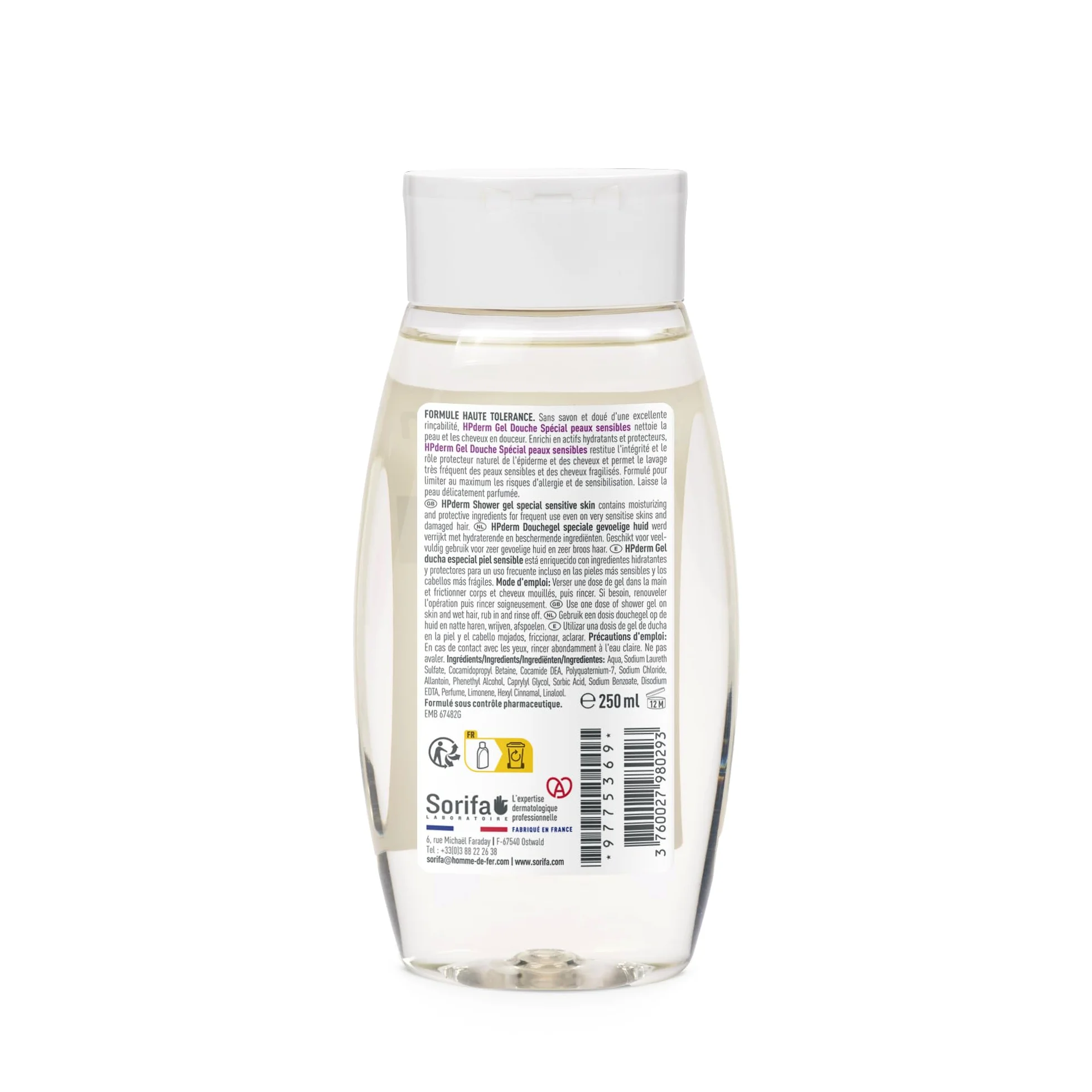 HPderm WYSOKA TOLERANCE Żel pod prysznic 2 w 1 do ciała i włosów - Specjalny dla skóry wrażliwej, skóry tatuażu, osłabione włosy - Częste używanie - pH neutralne, bez mydła - Butelka 250 ml