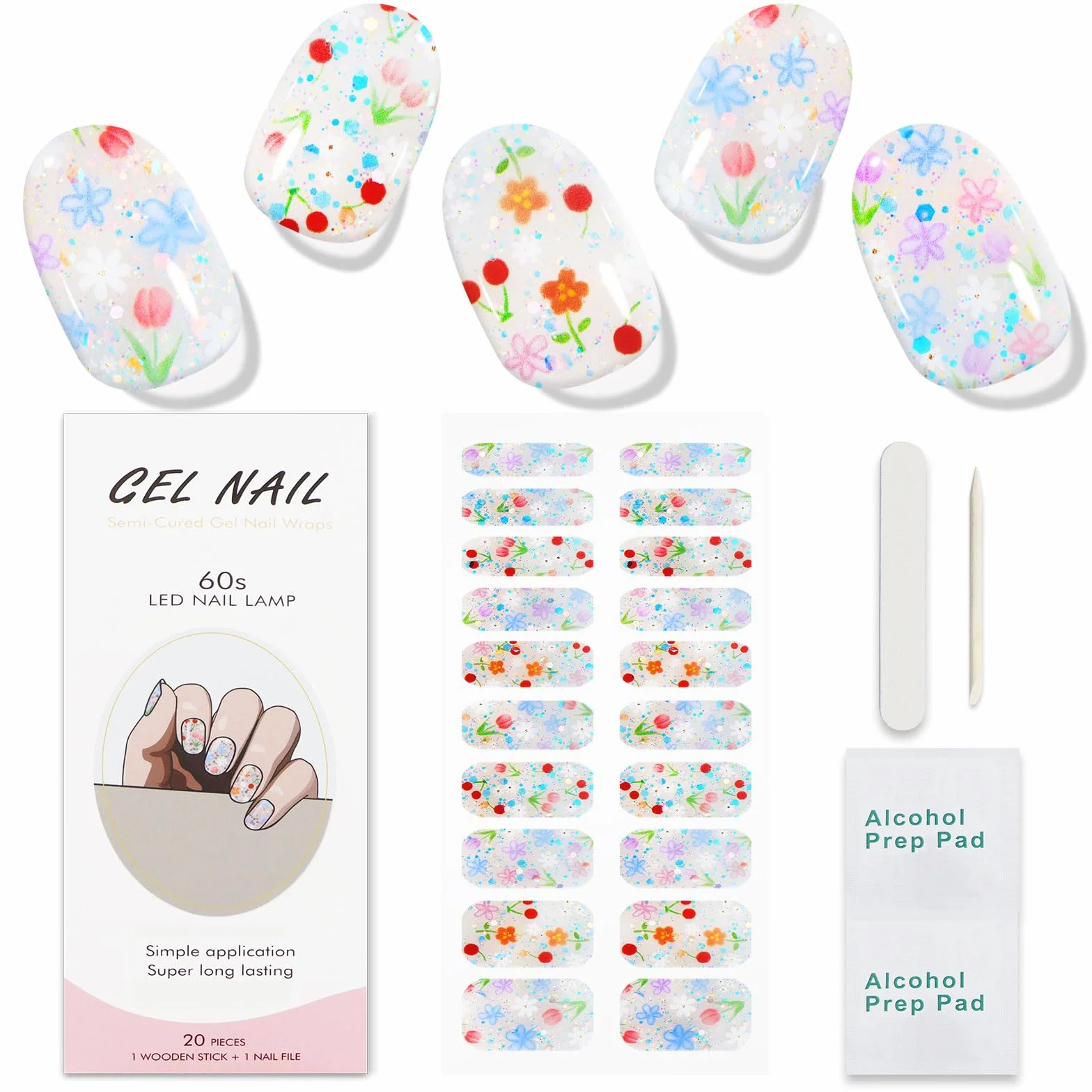 JMEOWIO Naklejki żelowe do paznokci Kolorowy kwiat Brokat Częściowo utwardzone żelowe paski/owijki do paznokci Materiały UV/LED Nail Art Zdobienie paznokci Akcesoria dekoracyjne