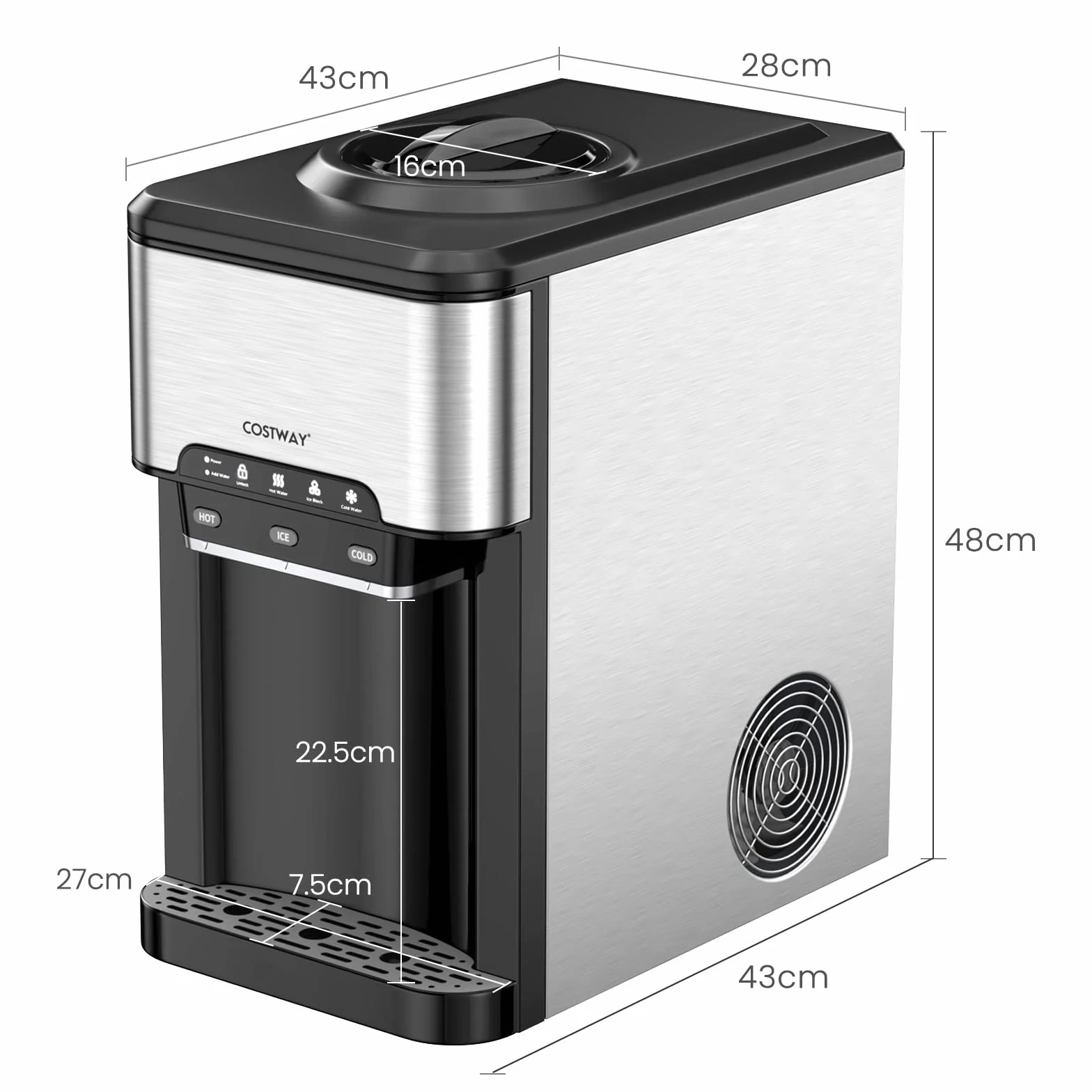 COSTWAY Maszyna do kostek lodu z gorącą i zimną wodą, 3 l, 19 kg/dzień