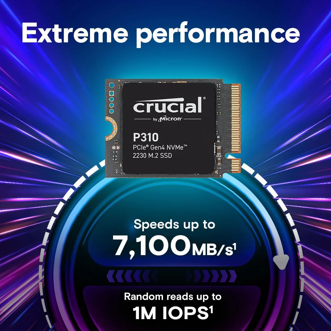 Crucial P310 SSD 1TB M.2 2230 NVMe PCIe Gen4 wewnętrzny SSD, do 7100 MB/s, kompatybilny z Steam Deck, ASUS ROG Ally, MSI Claw i Microsoft Surface, dysk półprzewodnikowy CT1000P310SSD2