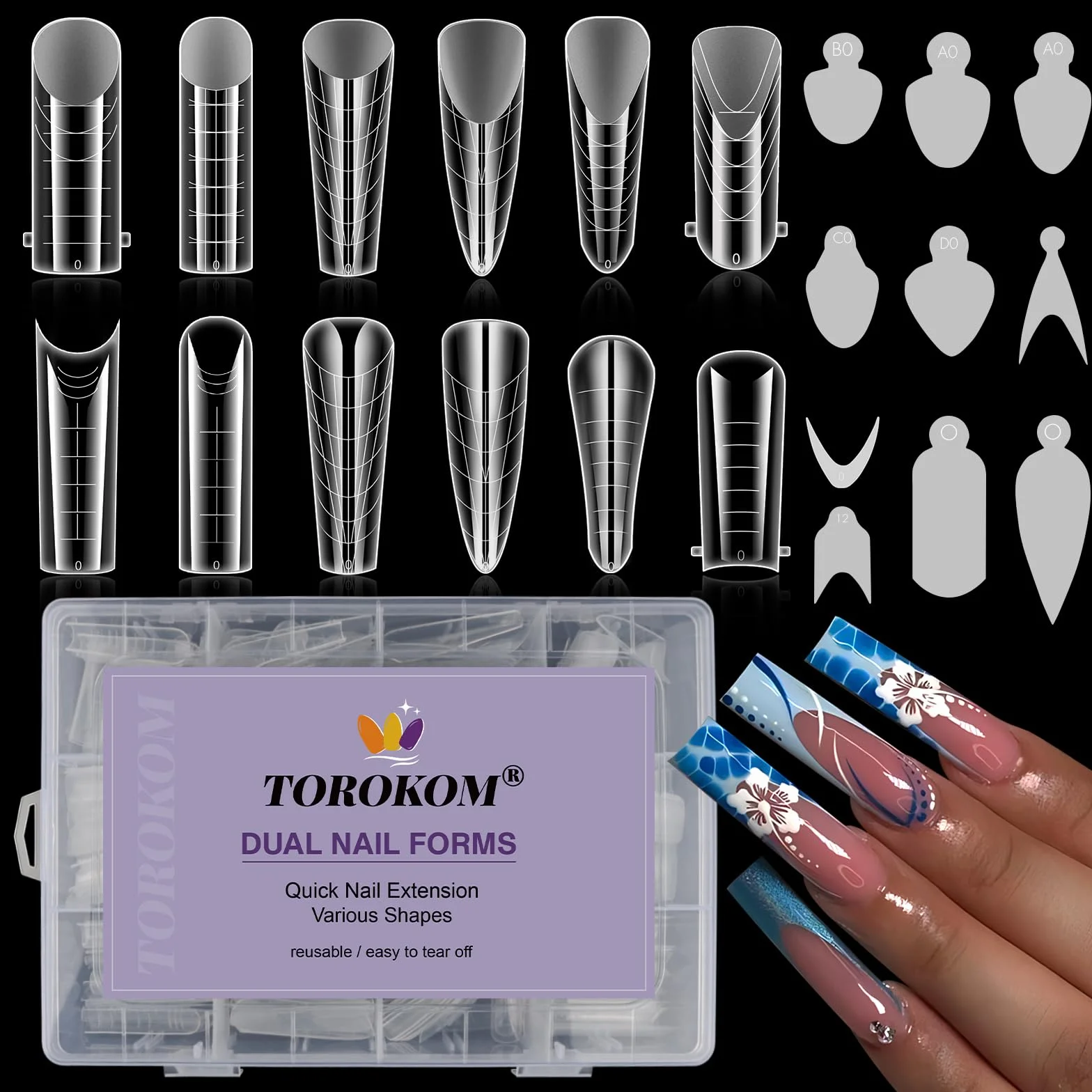 TOROKOM 288 sztuk podwójnych kształtów do manicure francuskiego - przezroczyste akrylowe foremki do rekonstrukcji - 12 stylów i 12 rozmiarów ze skalą - podkładka silikonowa wielokrotnego użytku
