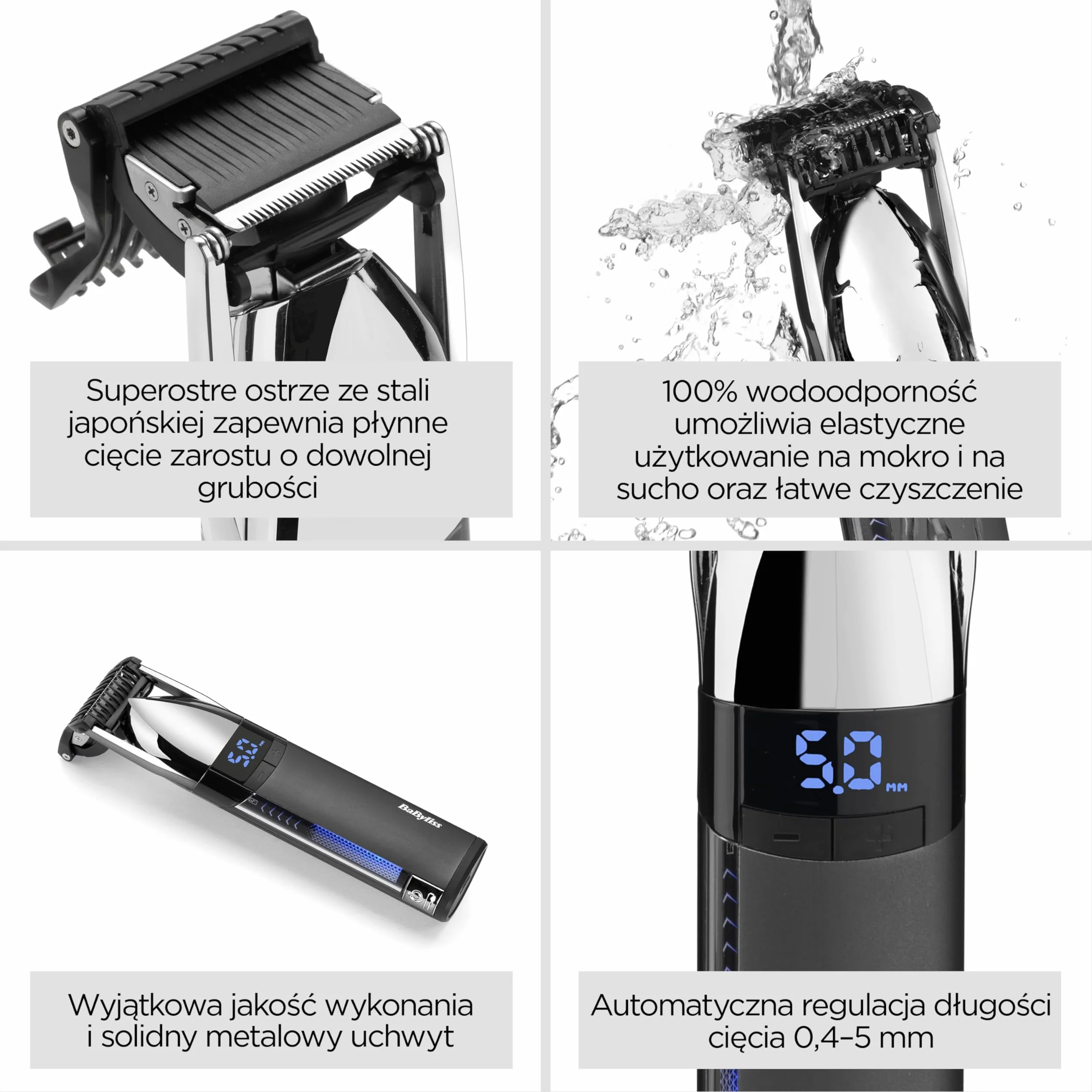 BaByliss Super‑X Trymer do Zarostu – Wodoodporny trymer do brody z japońskimi ostrzami stalowymi, regulacja motorowa (0,4–5 mm), wyświetlacz cyfrowy, bateria litowo‑jonowa, 90 minut pracy, S996E